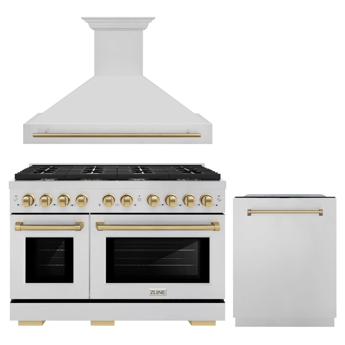 ZLINE Autograph Edition 3-Piece Appliance Package - 48-Inch Gas Range, Wall Mounted Range Hood, & 24-Inch Tall Tub Dishwasher in Stainless Steel with Champagne Bronze Trim (3AKPR-SGRRH48-CB)