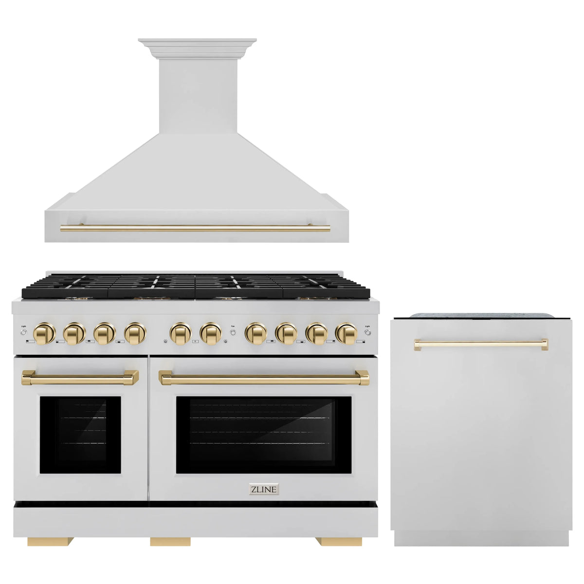 ZLINE Autograph Edition 3-Piece Appliance Package - 48-Inch Gas Range, Wall Mounted Range Hood, & 24-Inch Tall Tub Dishwasher in Stainless Steel with Gold Trim (3AKPR-SGRRH48-G)