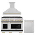 ZLINE 48-Inch Autograph Edition Kitchen Package with Satin Stainless Steel Gas Range, Wall Mount Range Hood and Dishwasher with Gold Accents (3AKPR-SGRSRHDWM48-G)