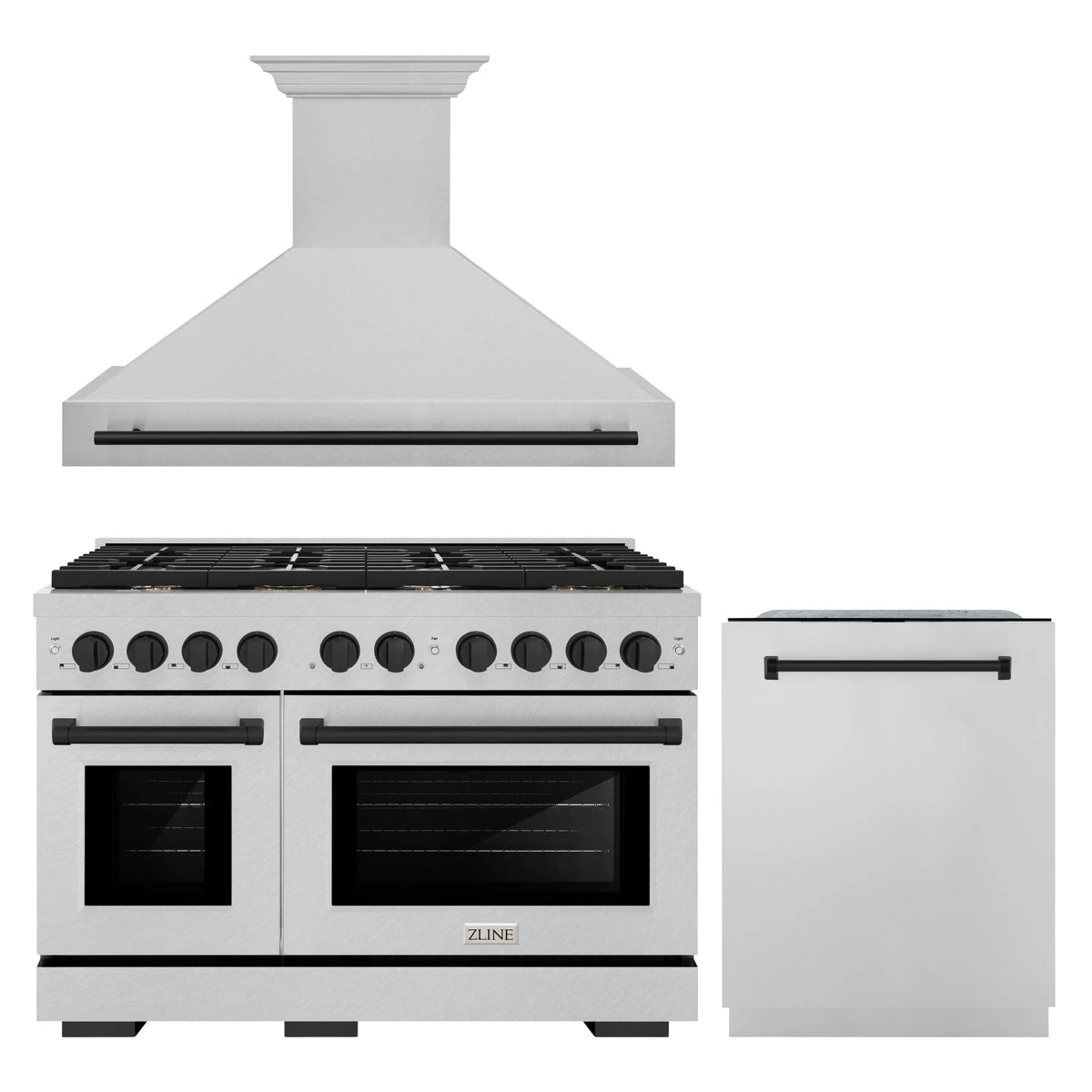 ZLINE 48-Inch Autograph Edition Kitchen Package with Satin Stainless Steel Gas Range, Wall Mount Range Hood and Dishwasher with Matte Black Accents (3AKPR-SGRSRHDWM48-MB)
