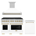 ZLINE 48-Inch Autograph Edition Kitchen Package with Satin Stainless Steel Gas Range, Wall Mount Range Hood and Dishwasher in White Matte and Champagne Bronze Accents (3AKPR-SGRSWMRHDWM48-CB)