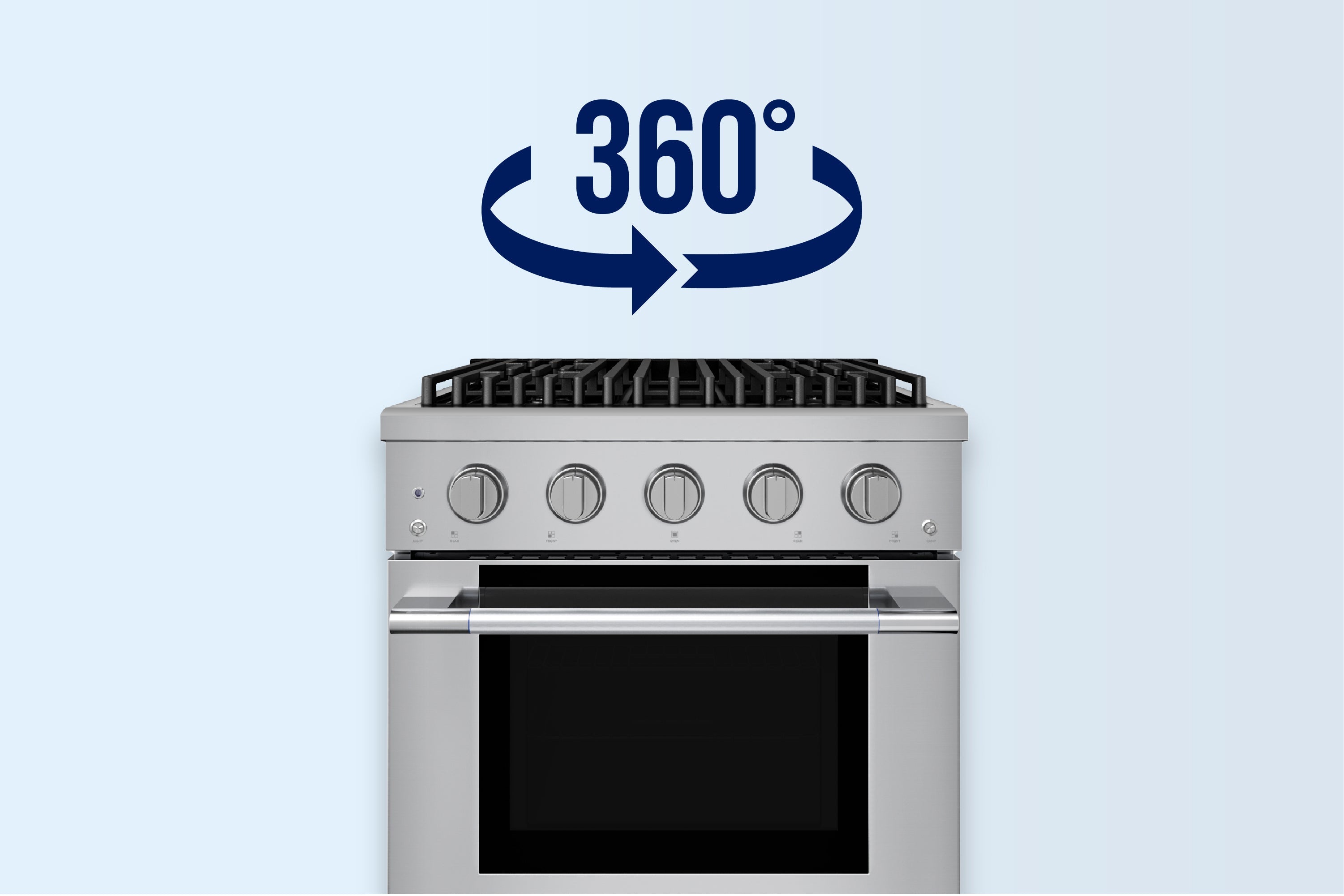 Stainless steel 30-inch gas range with 4 burners and convection oven, front view