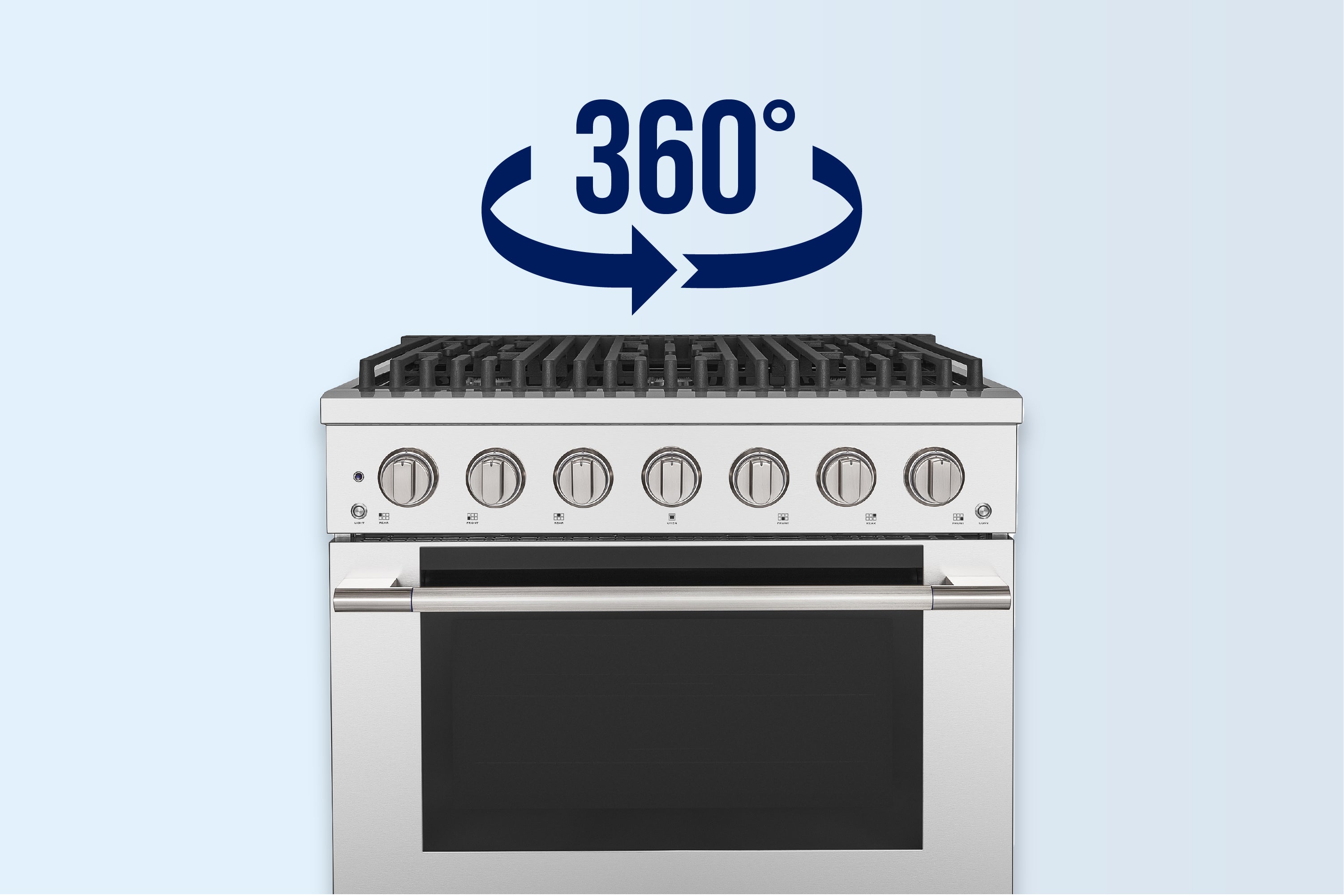Stainless steel 6-burner cooktop with front control knobs and 360-degree burner grates