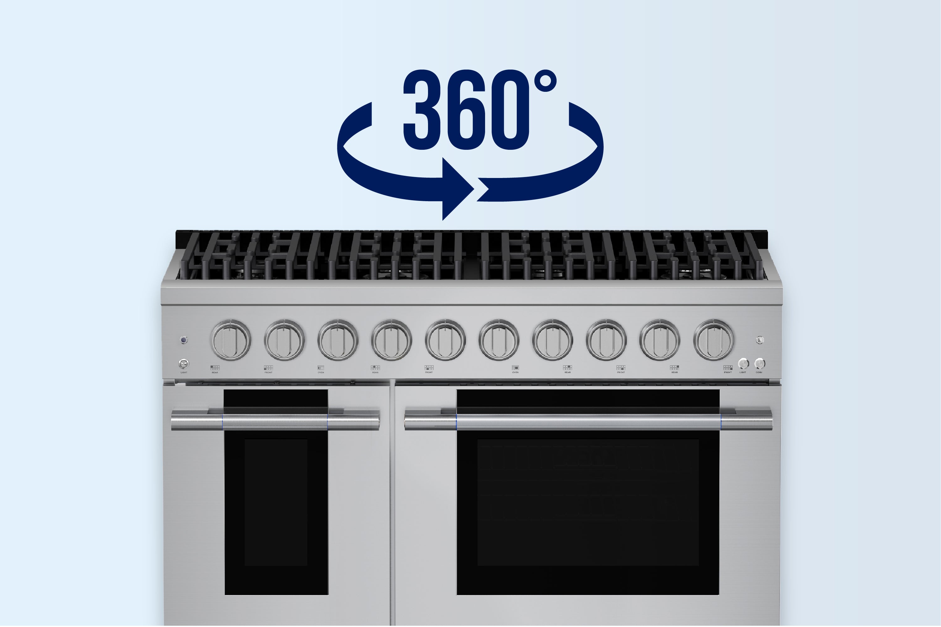 Stainless steel gas range with two oven doors and top knob row
