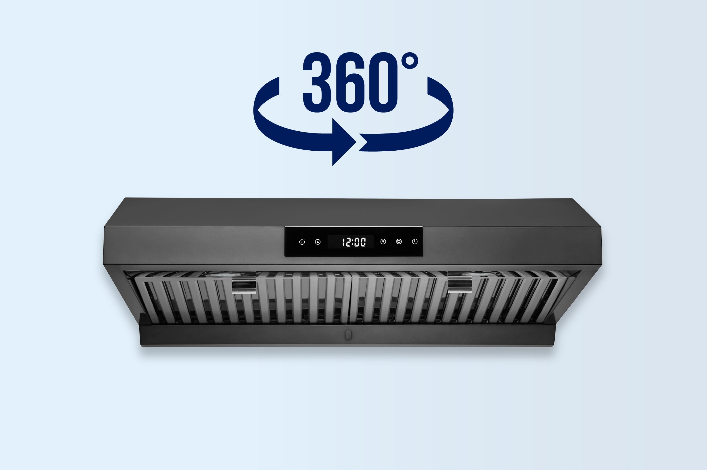 Black under-cabinet range hood with stainless-steel filter grilles and touch control panel