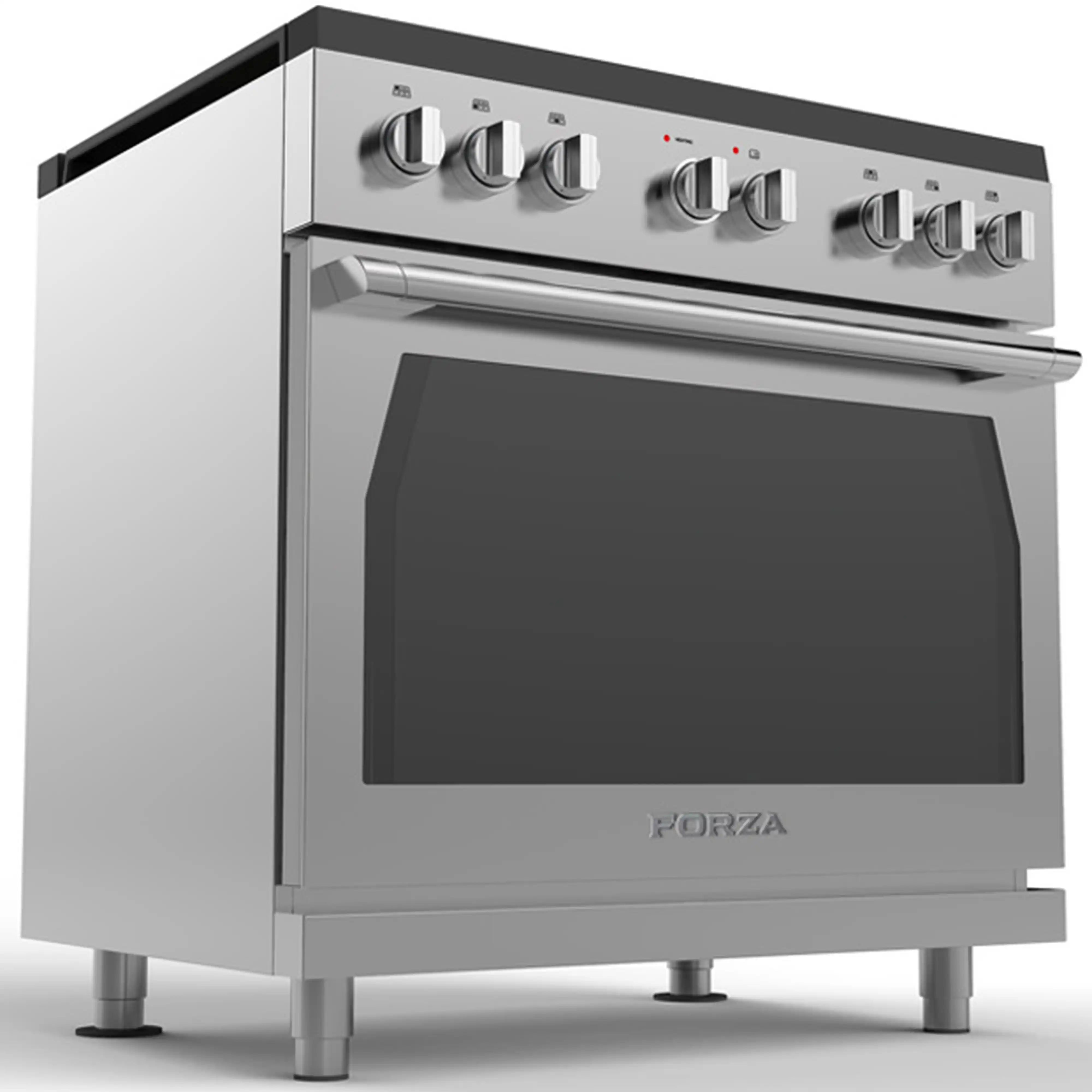 Stainless gas range with control knobs, oven window, and FORZA logo