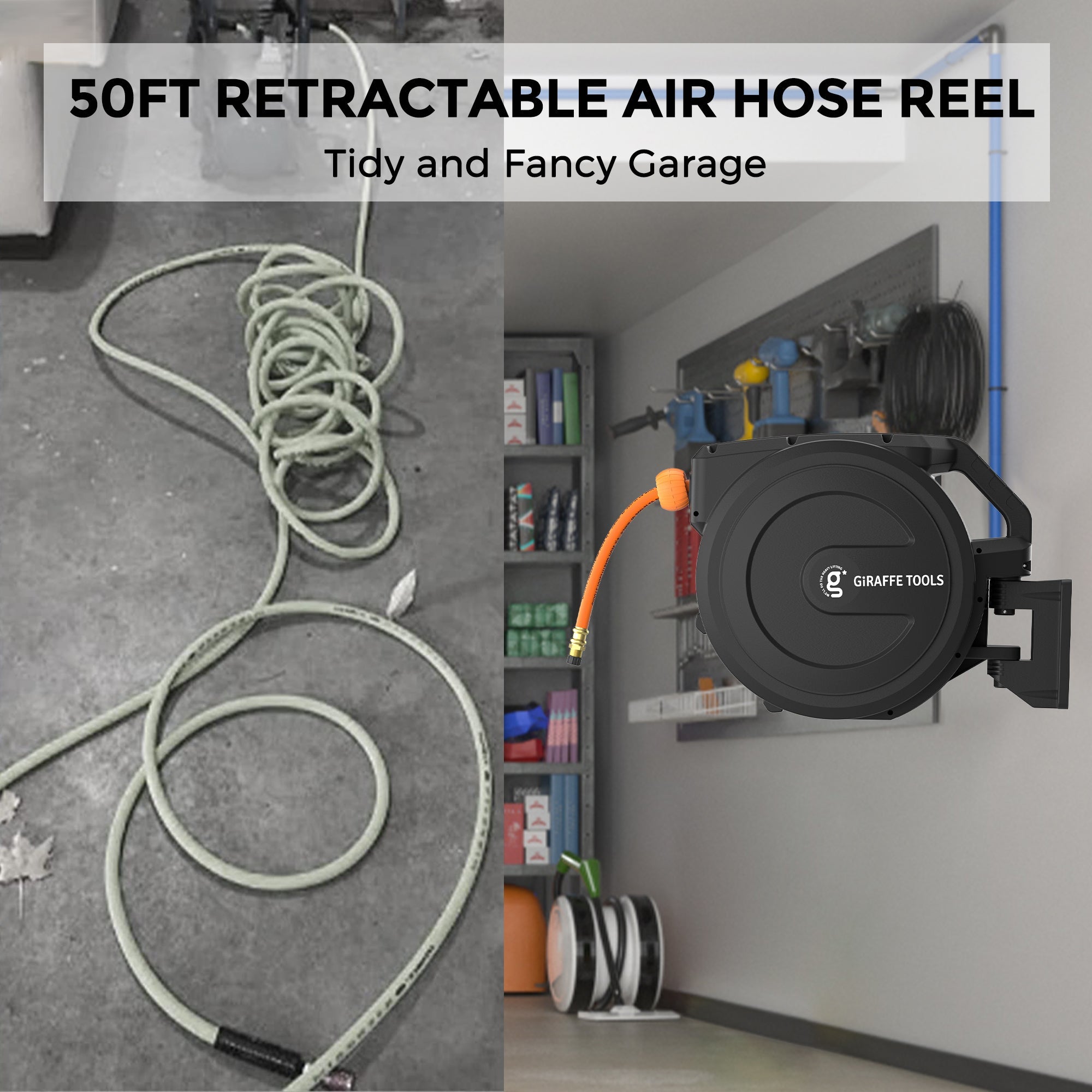 Retractable air hose reel with orange hose, wall mount bracket, and coiled hose