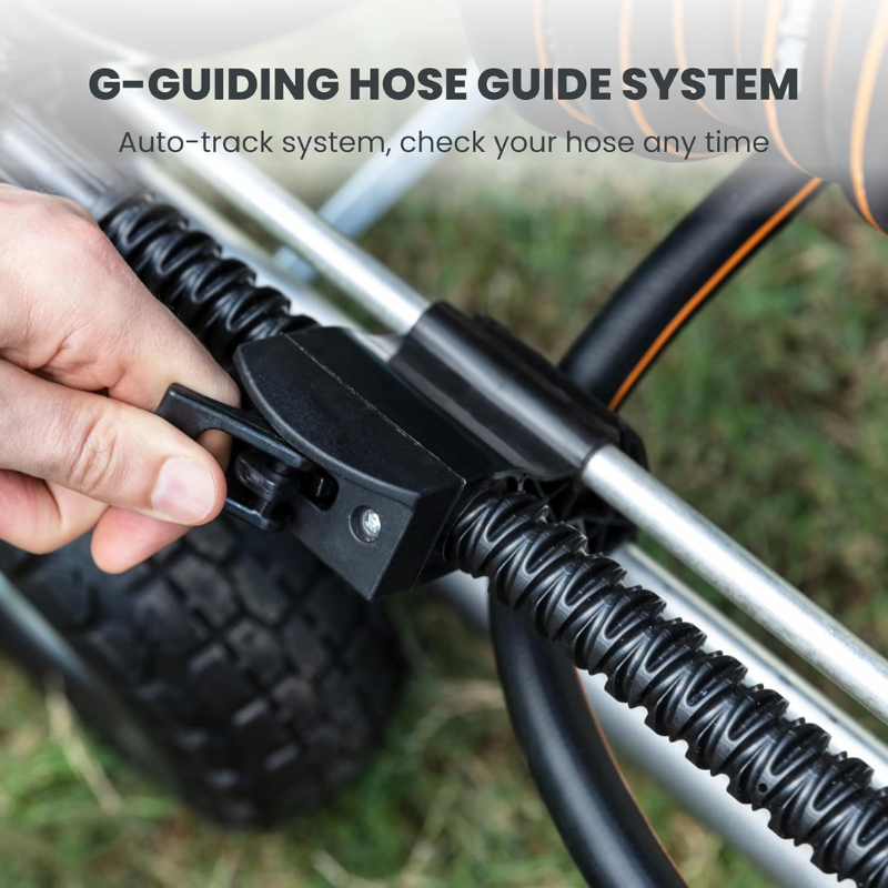 Hose guide system detail with hand adjusting black hose on a metal frame