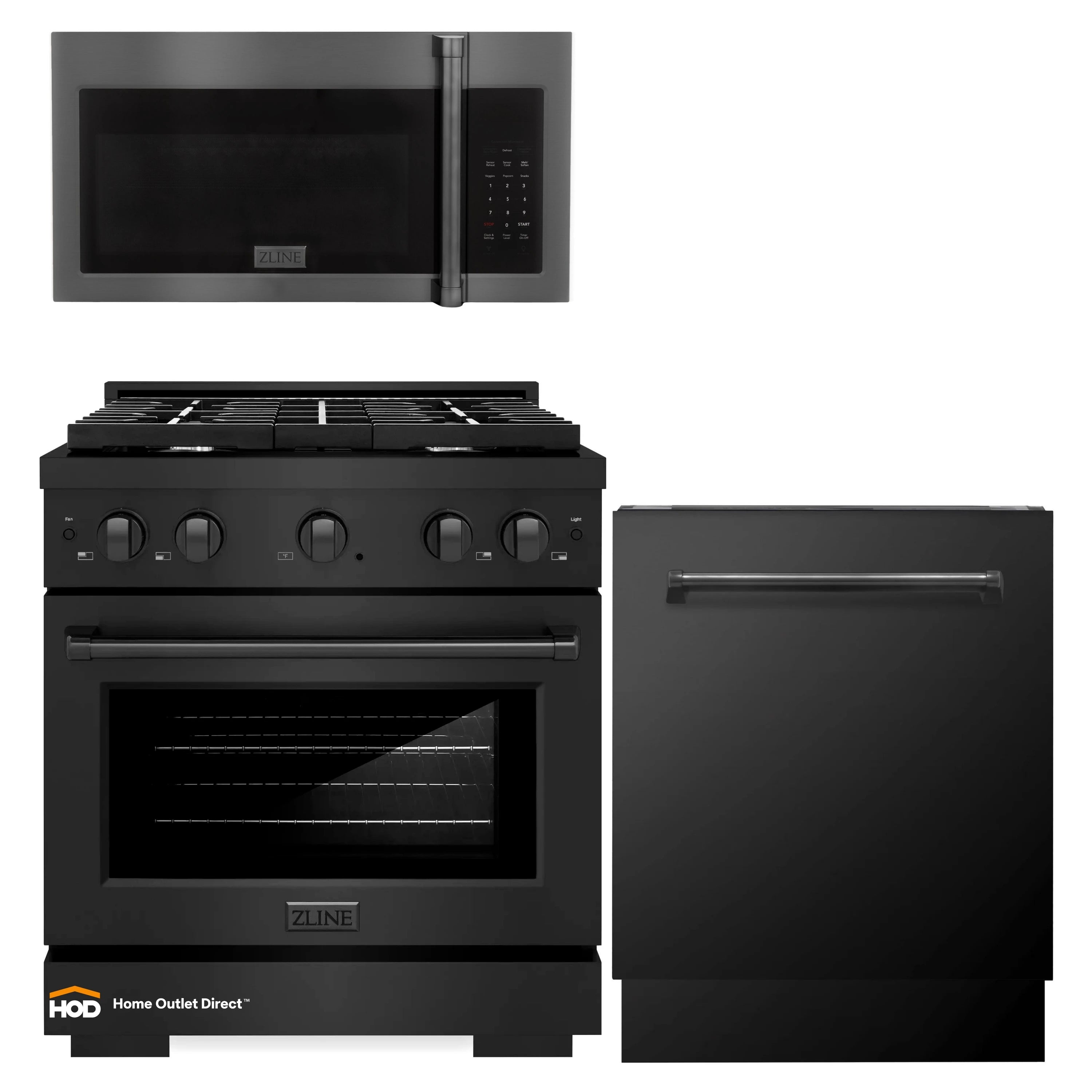 Black gas range with oven window plus over-the-range microwave with keypad