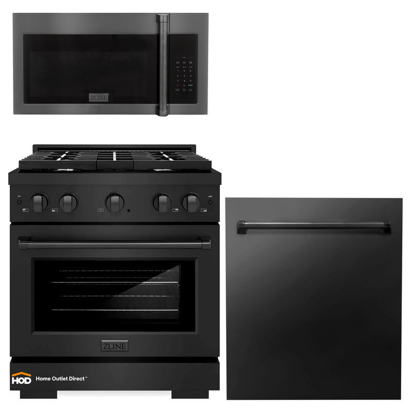 ZLINE 3-Piece Appliance Package - 30-Inch Gas Range, Over-the-Range Microwave/Vent Hood Combo, and Dishwasher in Black Stainless Steel (3KP-RGBOTRH30-DW)