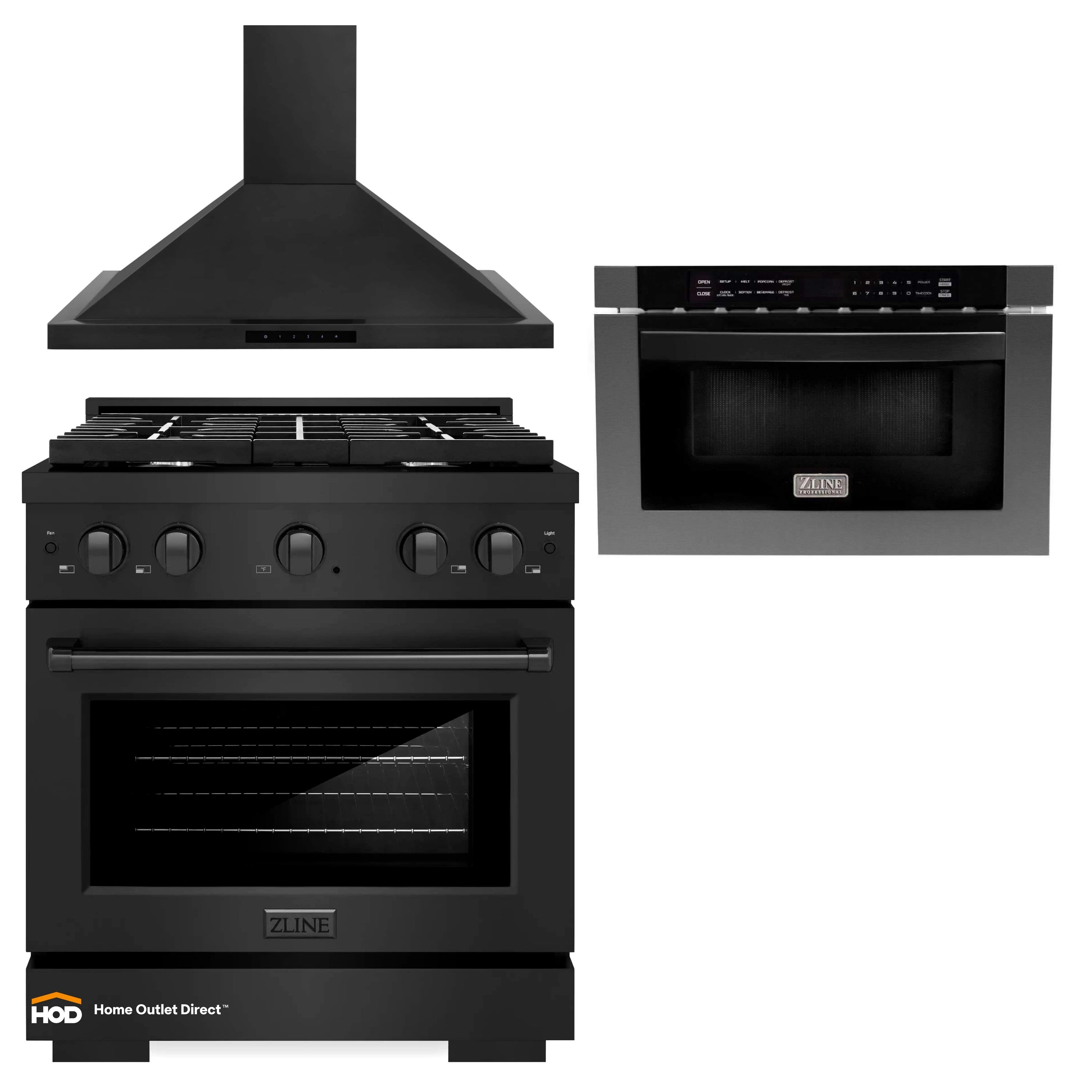 Black gas range with matching vent hood and microwave drawer set