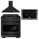 ZLINE 3-Piece Appliance Package - 30-inch Gas Range, Microwave Drawer & Convertible Wall Mount Range Hood in Black Stainless Steel (3KP-SGRBRH30-MW)