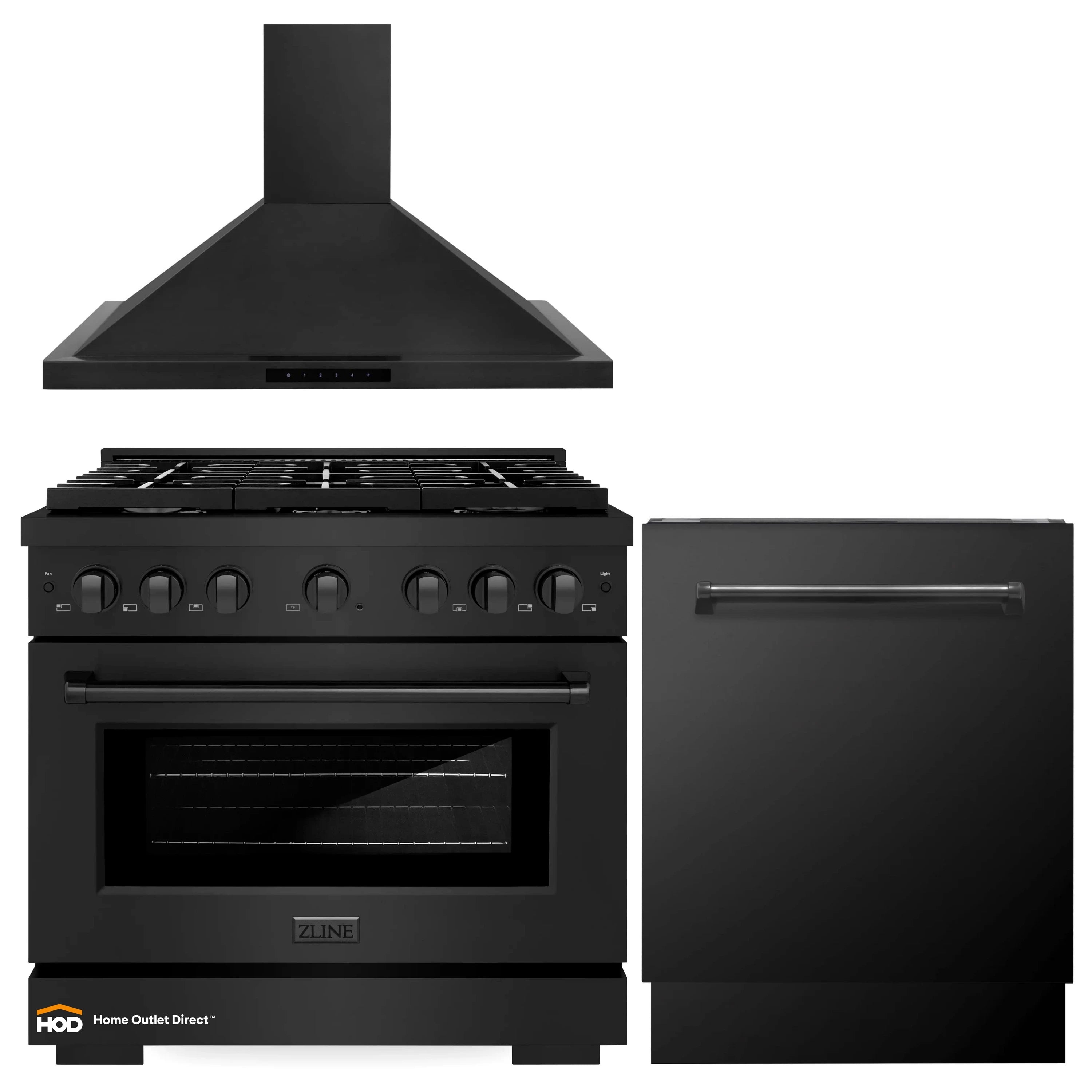 ZLINE 3-piece black appliance package: gas range, wall hood, and dishwasher