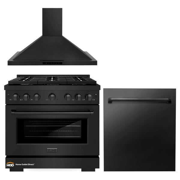 ZLINE 3-Piece Appliance Package - 36-Inch Gas Range, Convertible Wall Mount Hood & Dishwasher in Black Stainless Steel