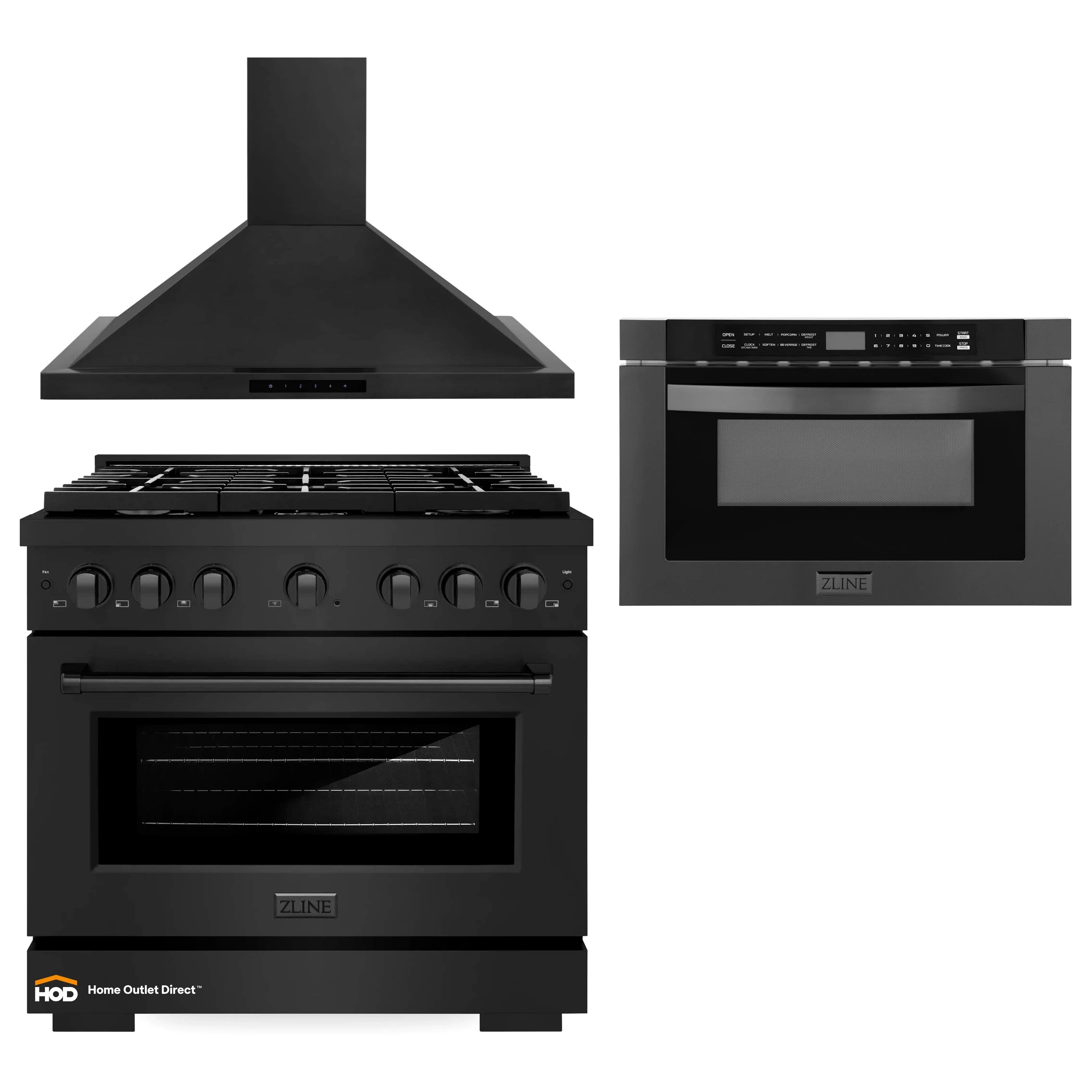 Black appliance set: gas range, wall hood, and microwave drawer