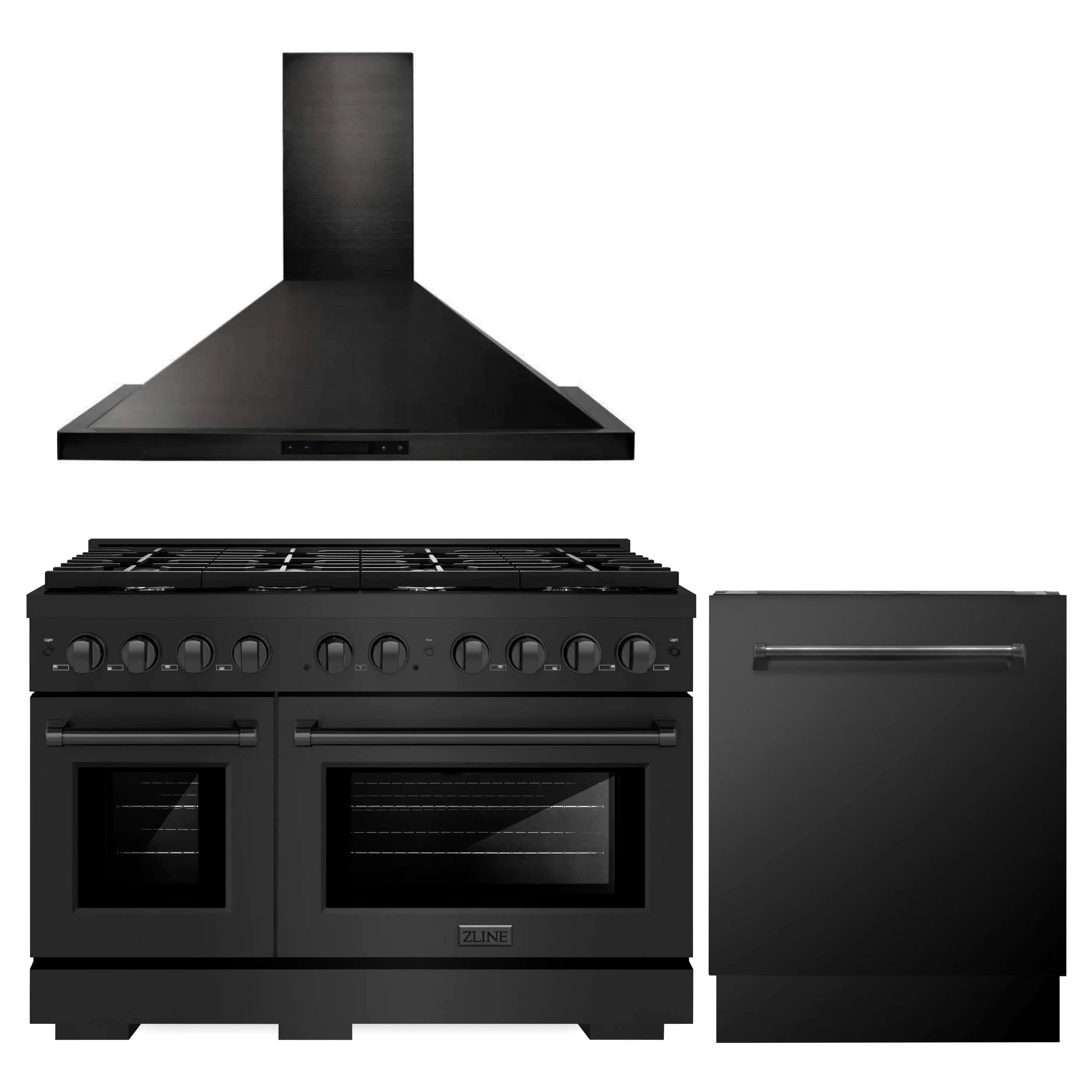 Black stainless 3-piece appliance package with gas range, wall hood, and dishwasher