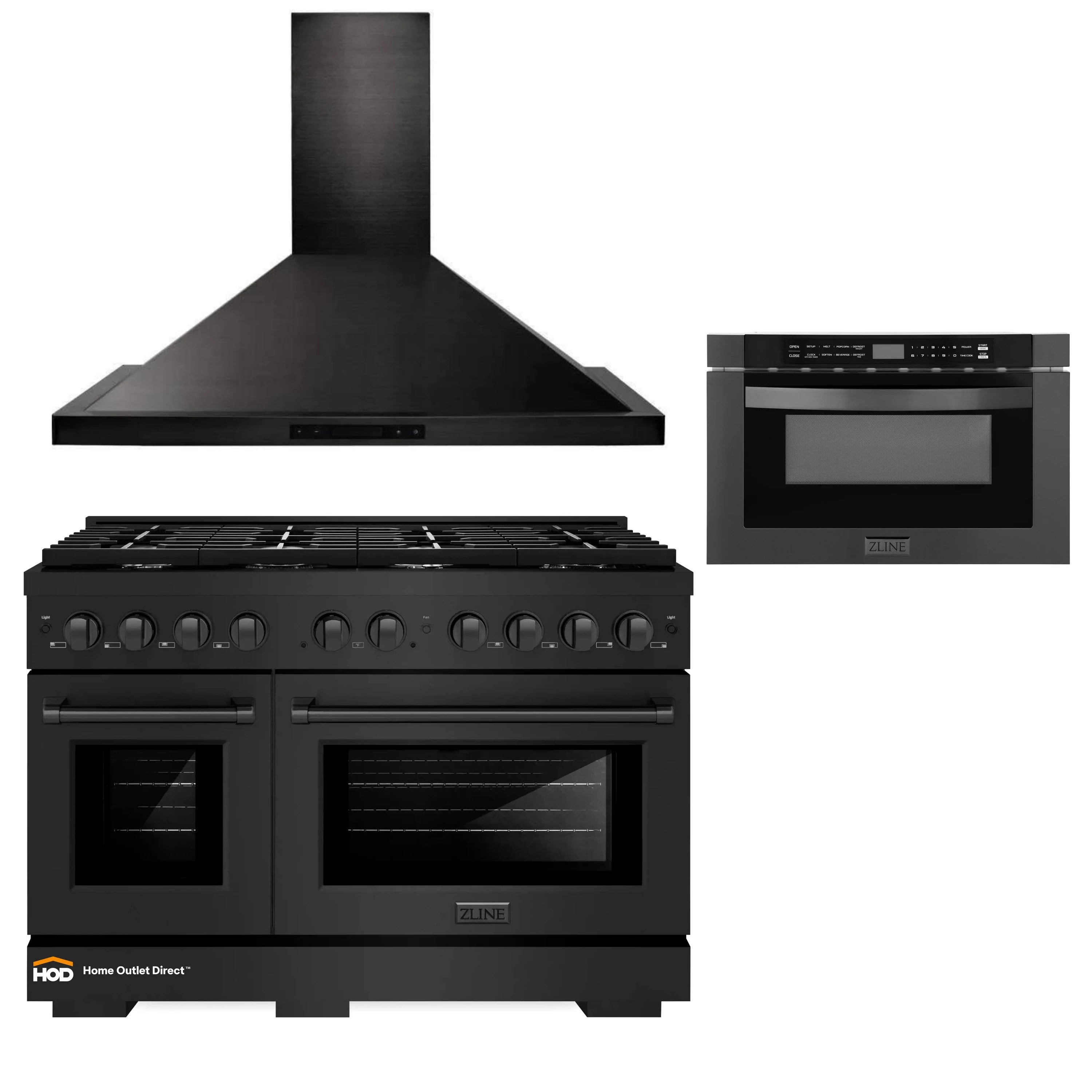ZLINE 3-Piece Appliance Package - 48-Inch Gas Range, Convertible Wall Mount Hood, and Microwave Drawer in Black Stainless Steel (3KP-RGBRH48-MW)