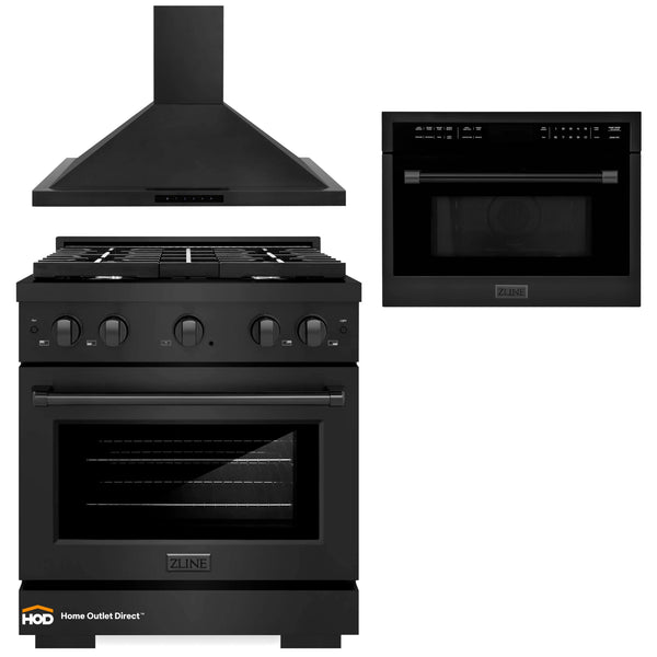 ZLINE 3-Piece Appliance Package - 30-Inch Gas Range, 24-Inch Microwave Oven & Convertible Wall Mount Hood in Black Stainless Steel (3KP-RGBRHMWO-30)