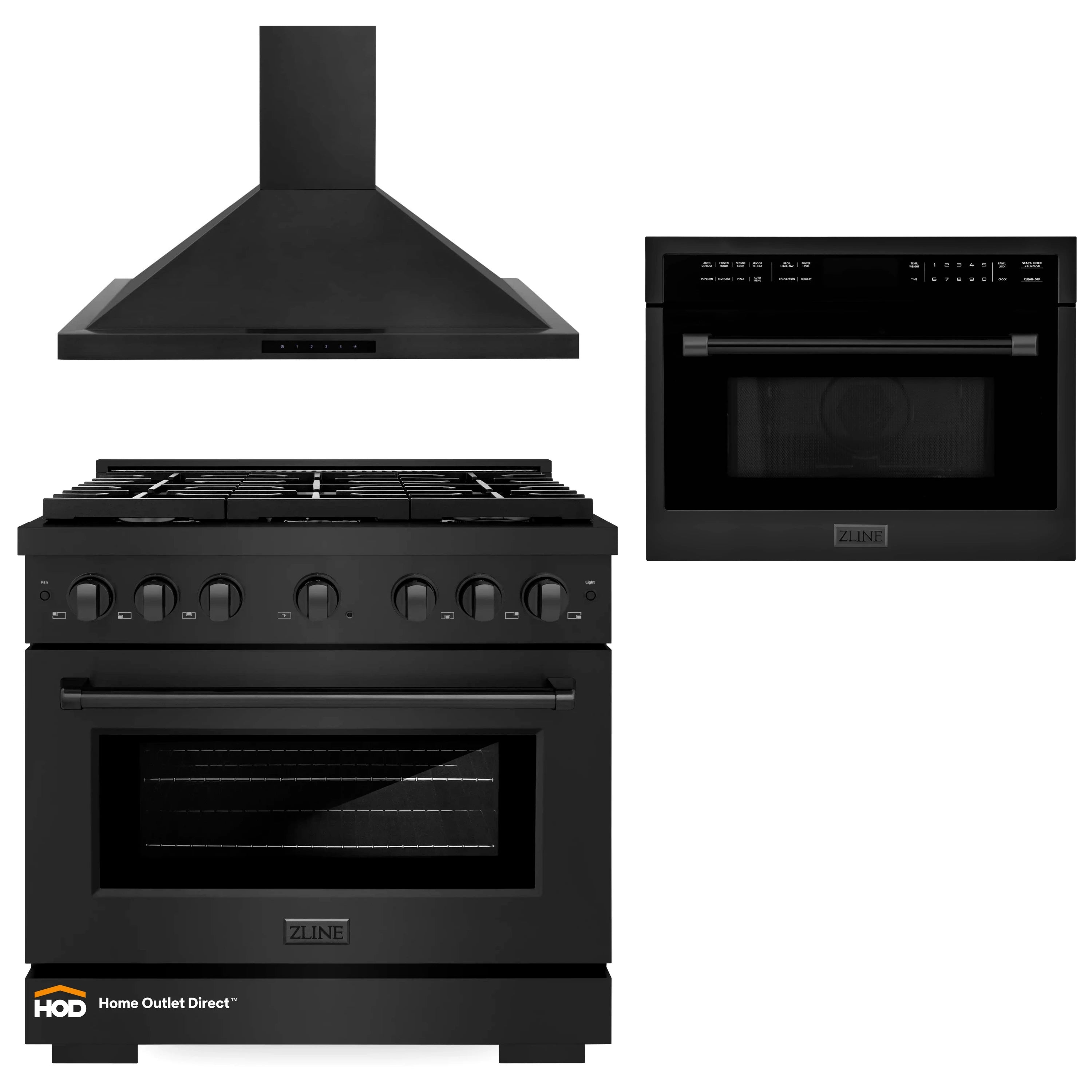3-piece kitchen appliance package: black gas range, wall hood, and microwave