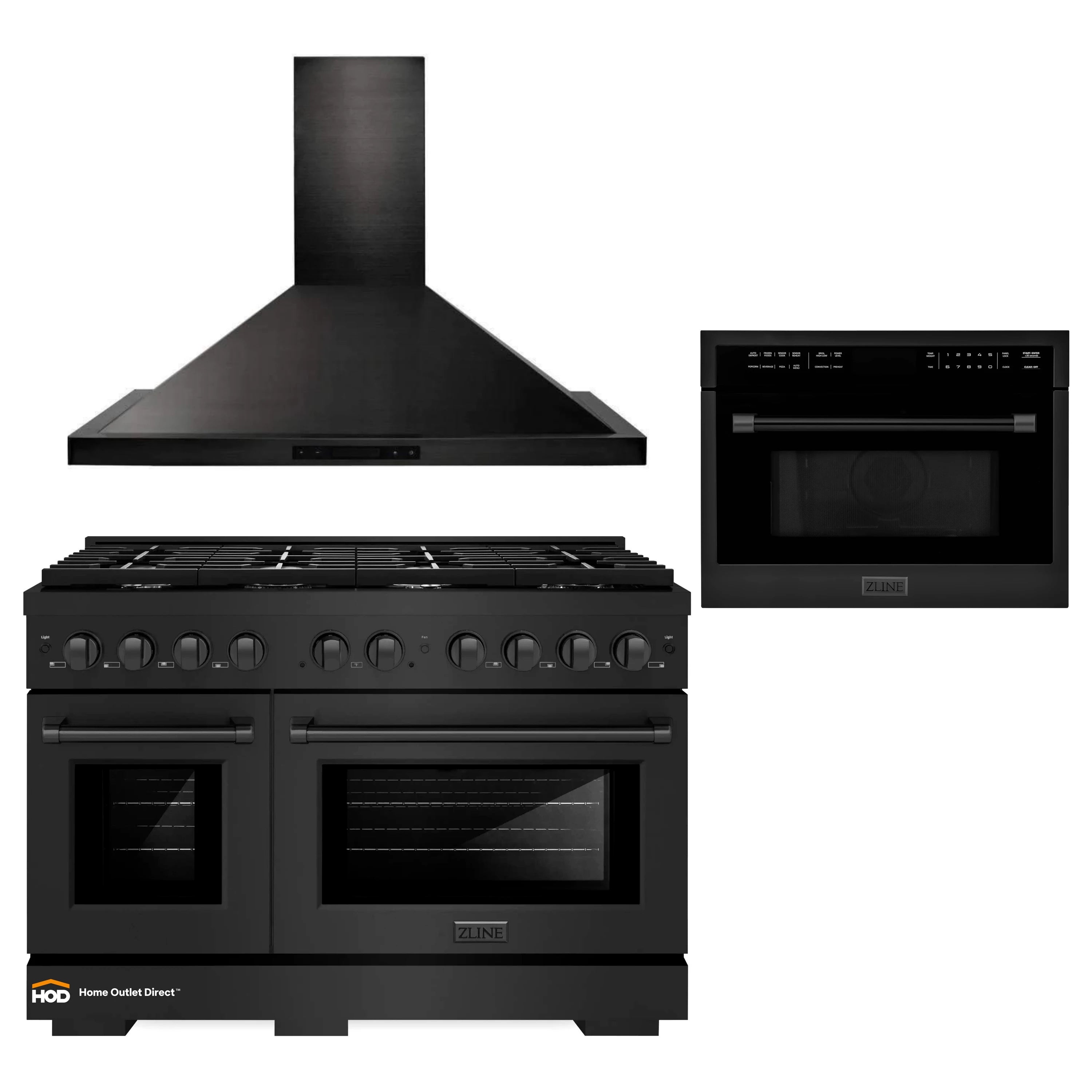 Black stainless steel appliance package: gas range, wall mount hood, built-in microwave