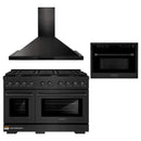ZLINE 3-Piece Appliance Package - 48-Inch Gas Range, Convertible Wall Mount Hood, and Microwave Oven in Black Stainless Steel (3KP-SGRBRHMWO-48)