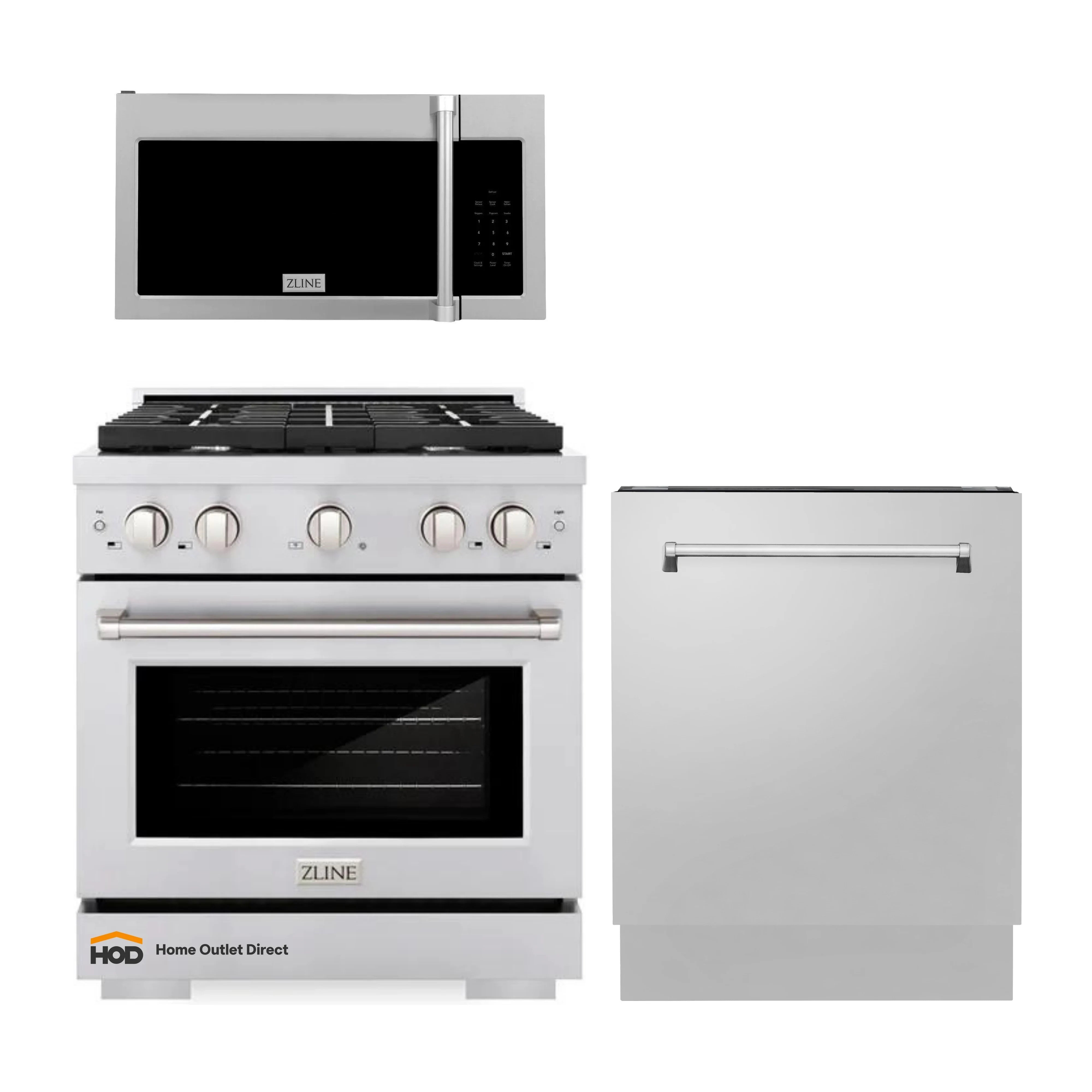 3-piece appliance set showing white gas range, over-the-range microwave, and dishwasher.