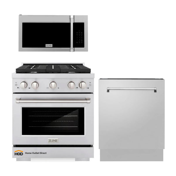 ZLINE 3-Piece Appliance Package - 30-inch Gas Range, Tall Tub Dishwasher & Over-the-Range Microwave (3KP-SGROTRH30-DWV)