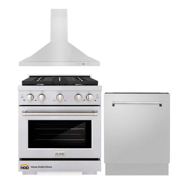 ZLINE 3-Piece Appliance Package - 30-inch Gas Range, Tall Tub Dishwasher & Premium Hood in Stainless Steel (3KP-SGRRH30-DWV)