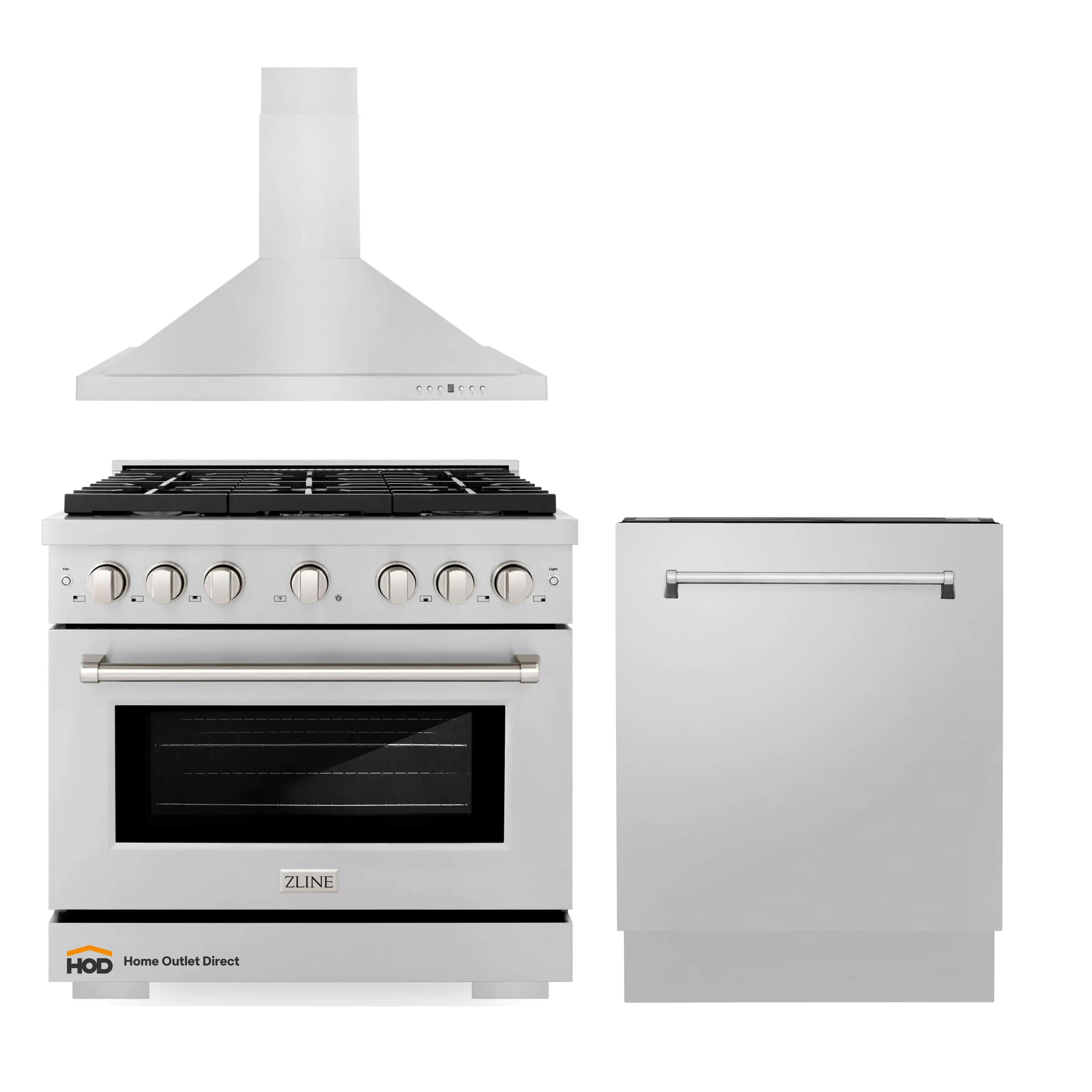 Stainless steel appliance package with gas range, wall hood, and dishwasher door