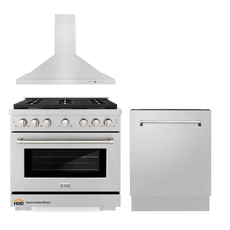 ZLINE 3-Piece Appliance Package - 36-inch Gas Range, Tall Tub Dishwasher & Premium Hood in Stainless Steel (3KP-SGRRH36-DWV)