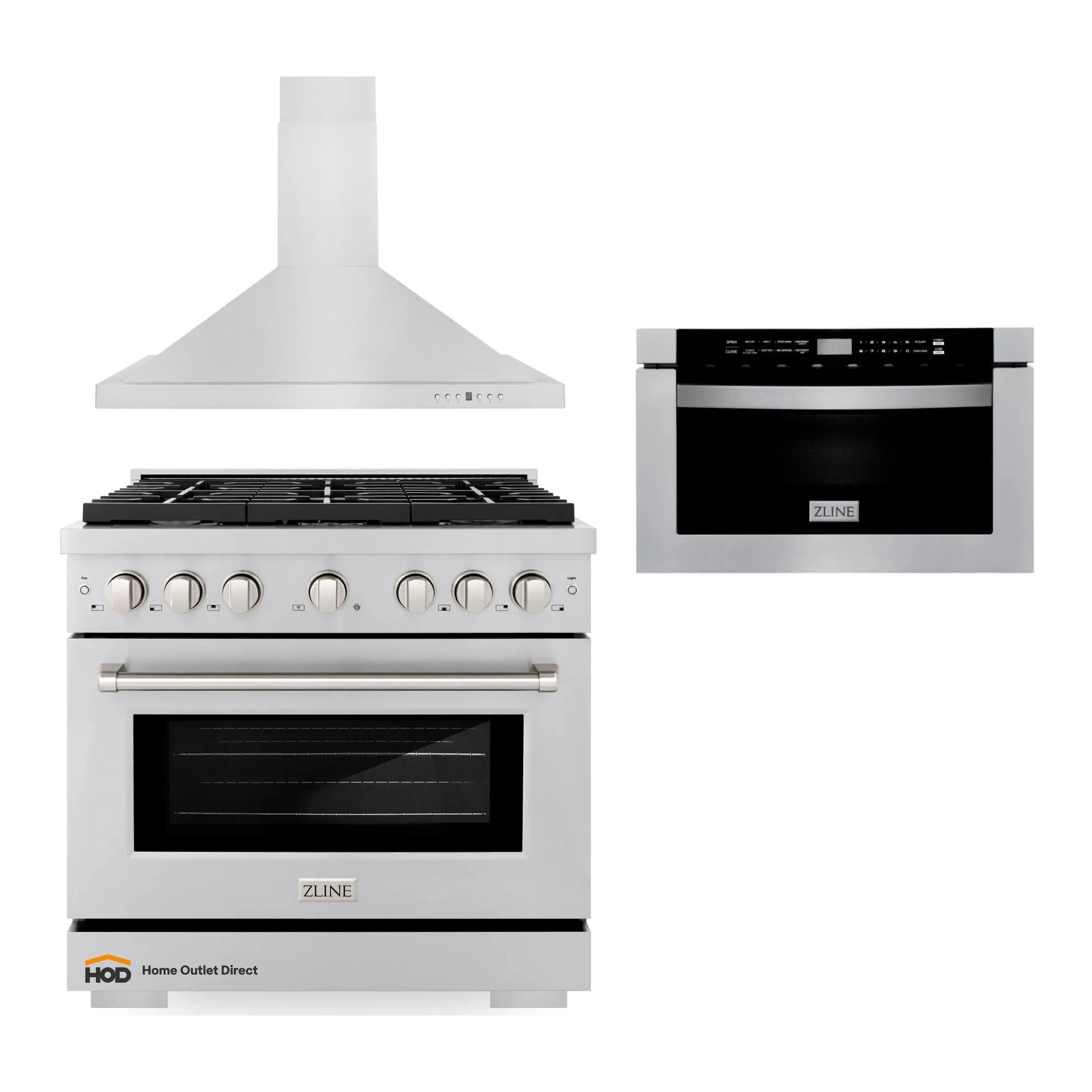 ZLINE 3-piece kitchen appliance package: gas range, hood, and microwave