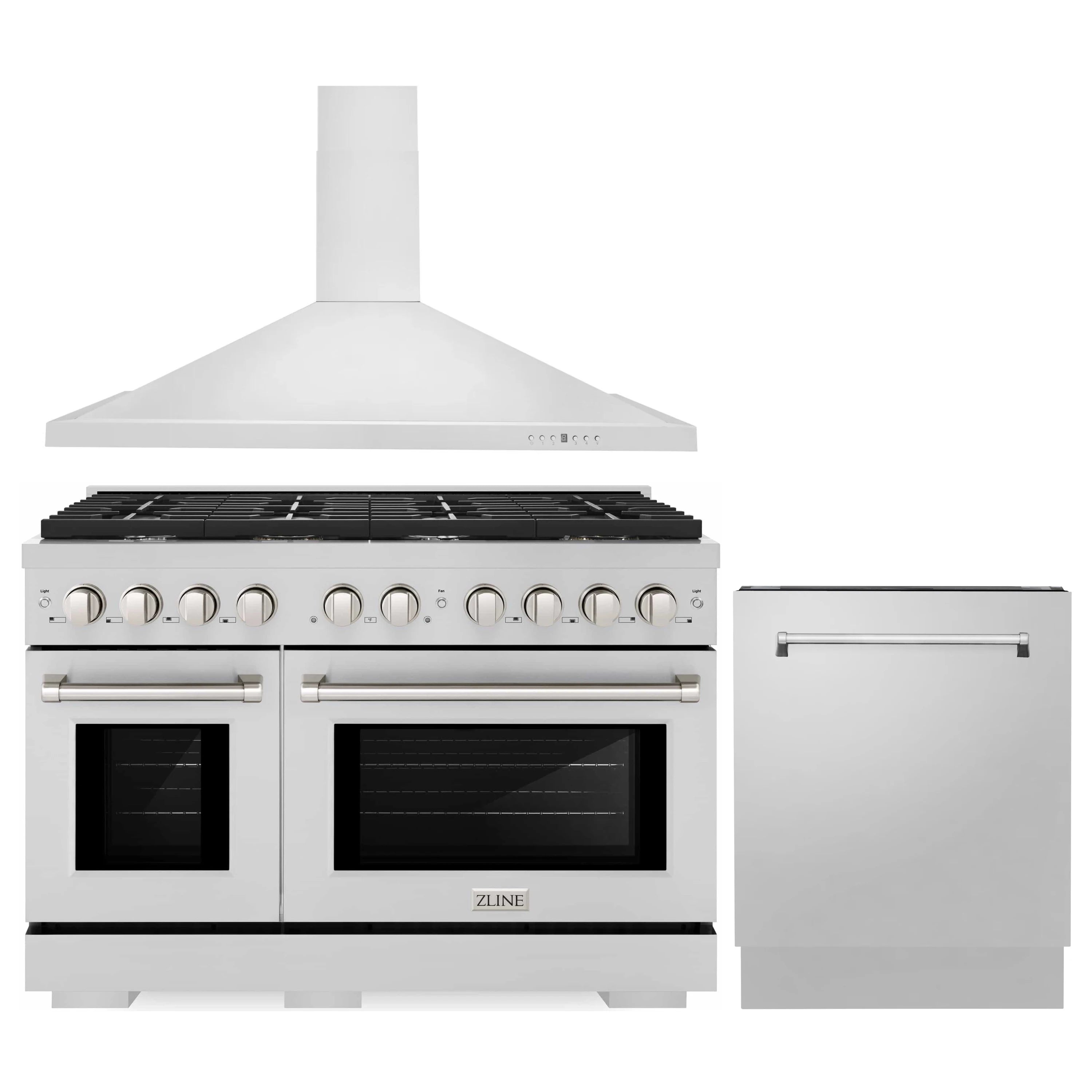 ZLINE white 48-inch gas range with tall hood and tall tub dishwasher