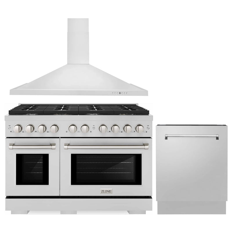 ZLINE 3-Piece Appliance Package - 48-Inch Gas Range, Tall Tub Dishwasher & Premium Hood (3KP-RGRH48-DWV)