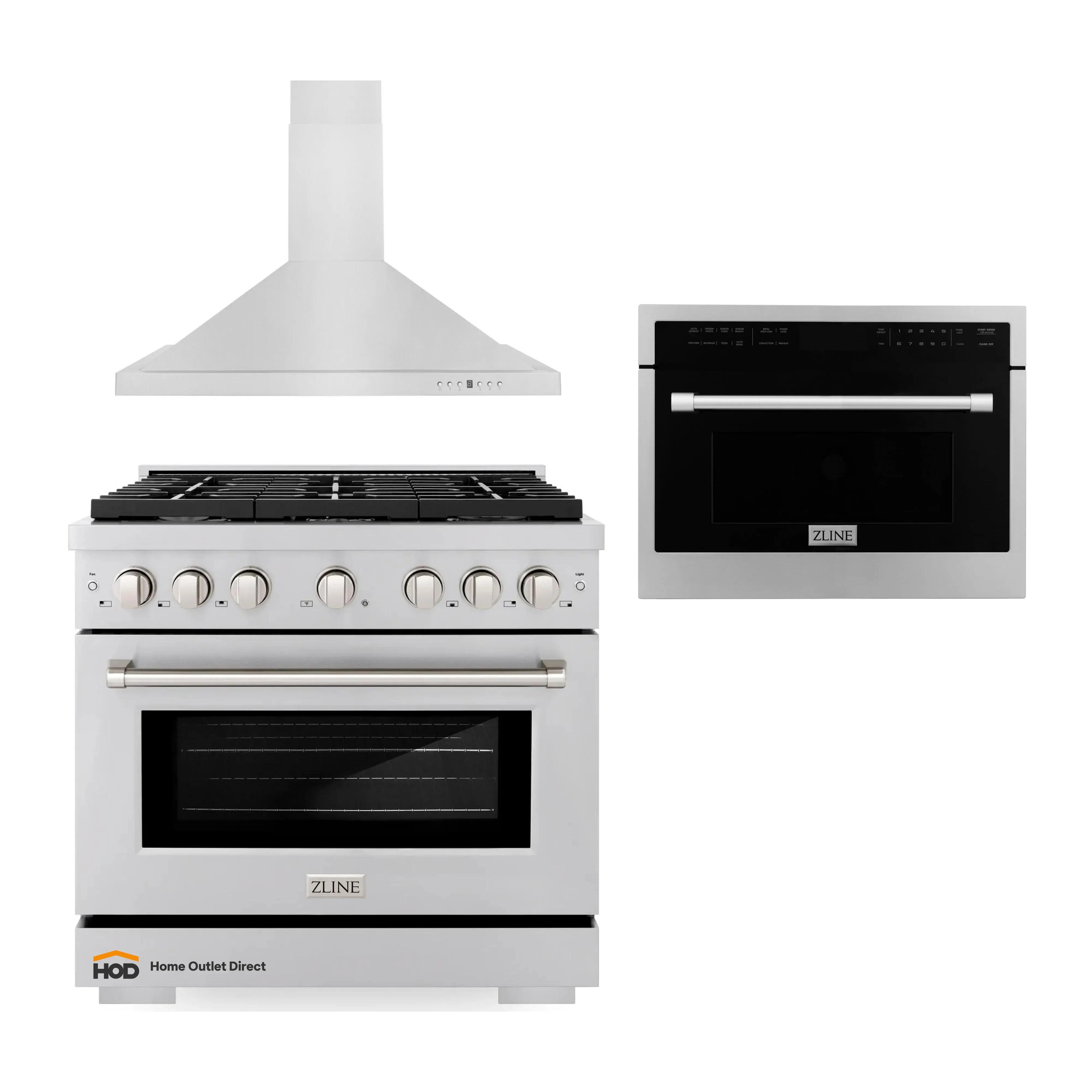 Stainless steel gas range with range hood and built-in microwave, bundled view