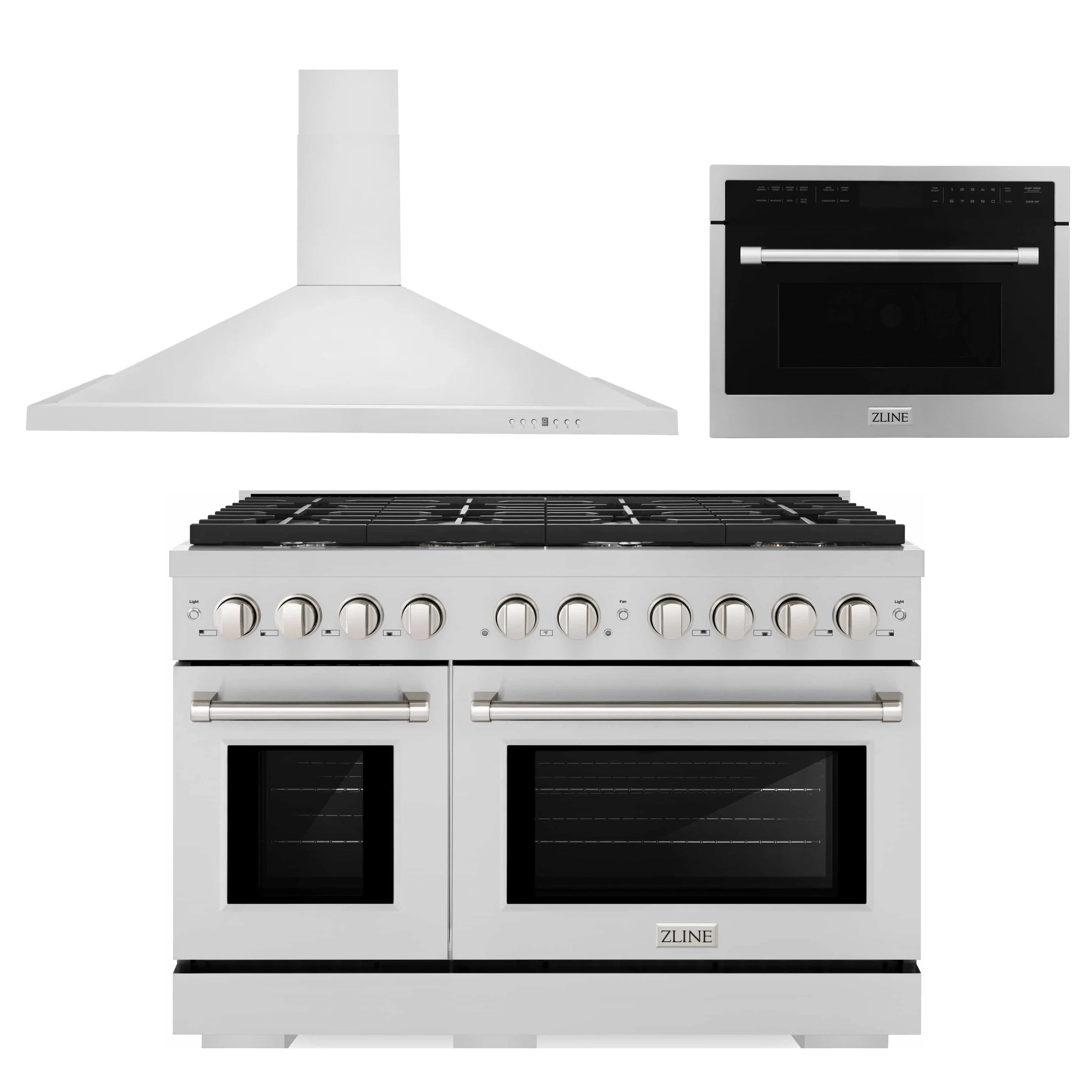 Stainless steel gas range, chimney hood, and built-in microwave package, front view