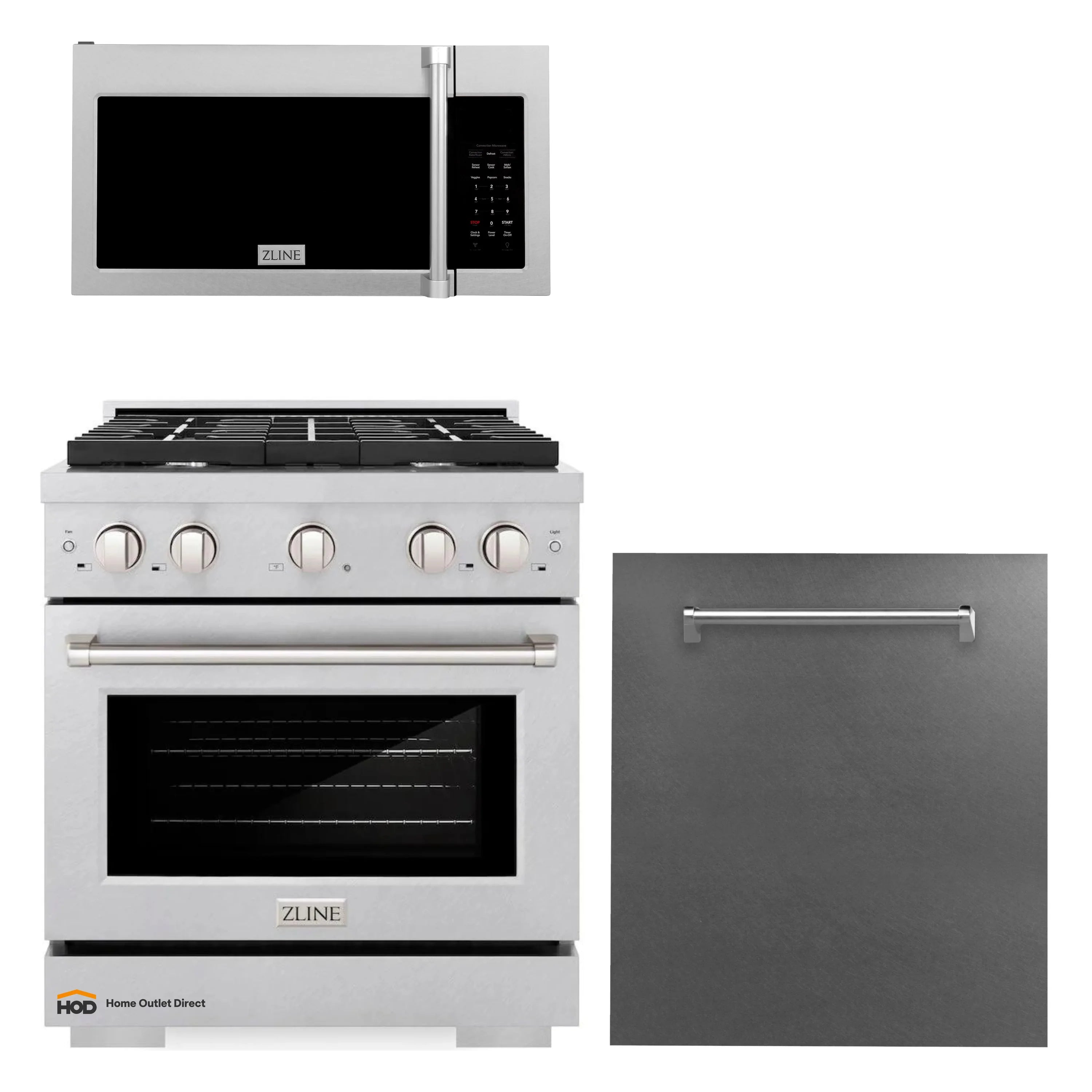 Stainless steel gas range with over-the-range microwave and digital display