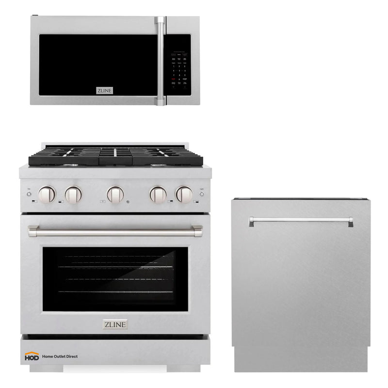 ZLINE 3-Piece Appliance Package - 30-Inch Gas Range, Microwave Oven and Dishwasher in DuraSnow Stainless Steel (3KP-RGSOTRHDWV30)