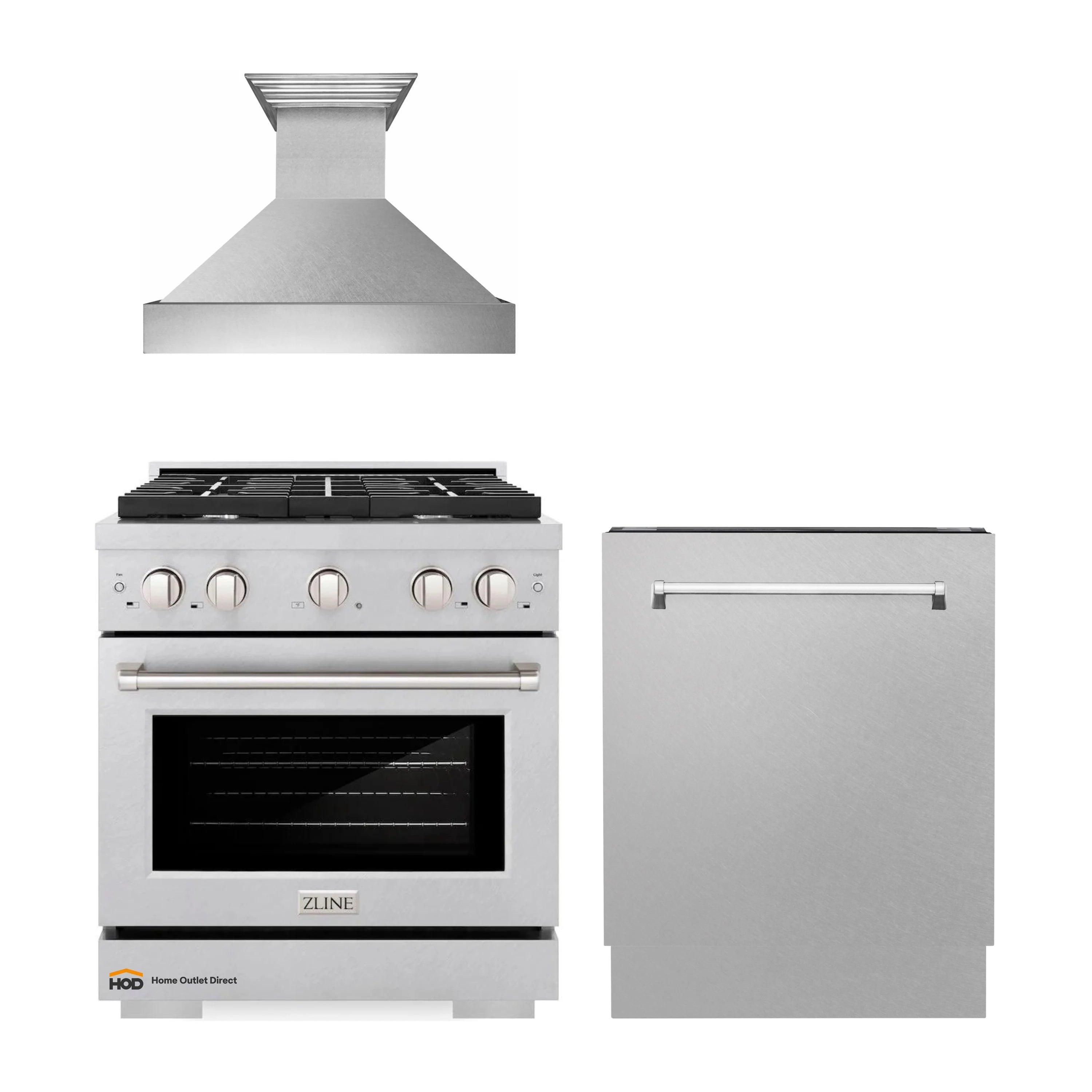 Stainless steel kitchen appliance package with gas range, hood, and dishwasher