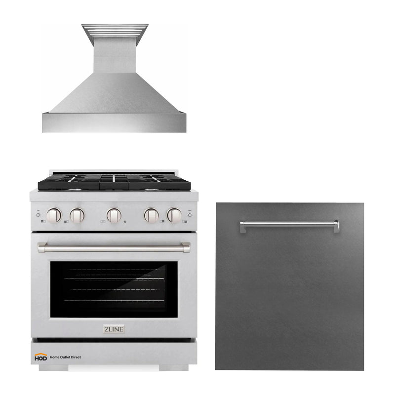 ZLINE 3-Piece Appliance Package - 30-inch Gas Range, Dishwasher & Premium Wall Mount Hood in DuraSnow Stainless Steel (3KP-RGSRH30-DW)