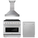 ZLINE 3-Piece Appliance Package - 36-inch Gas Range, Tall Tub Dishwasher & Premium Wall Mount Hood in Satin Stainless Steel (3KP-SGRSRH36-DWV)