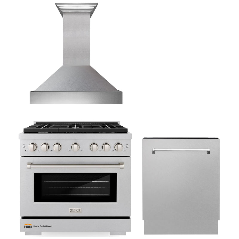 ZLINE 3-Piece Appliance Package - 36-inch Gas Range, Tall Tub Dishwasher & Premium Wall Mount Hood in DuraSnow Stainless Steel (3KP-RGSRH36-DWV)