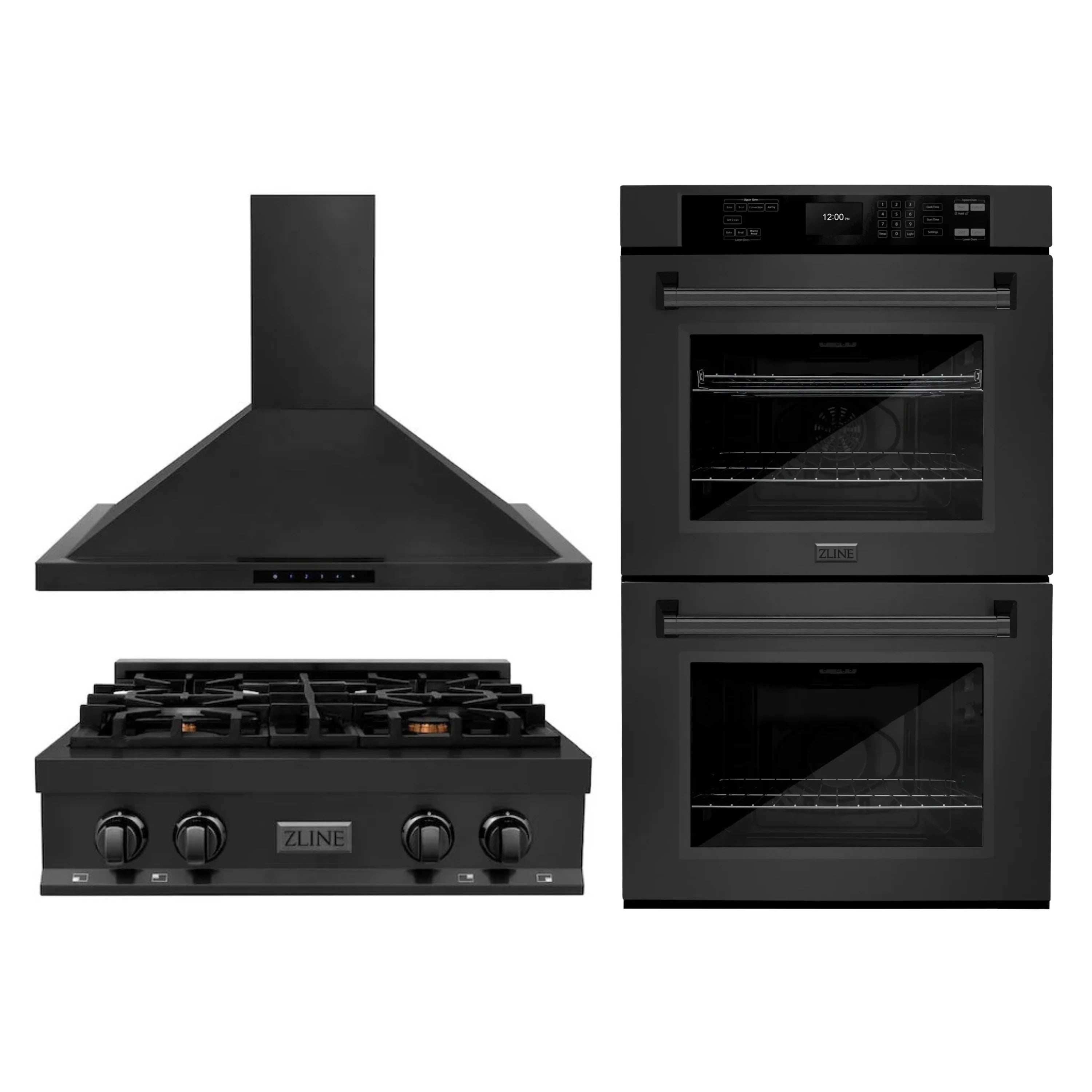 Black stainless 3-piece appliance package with wall hood, gas rangetop, and double wall oven