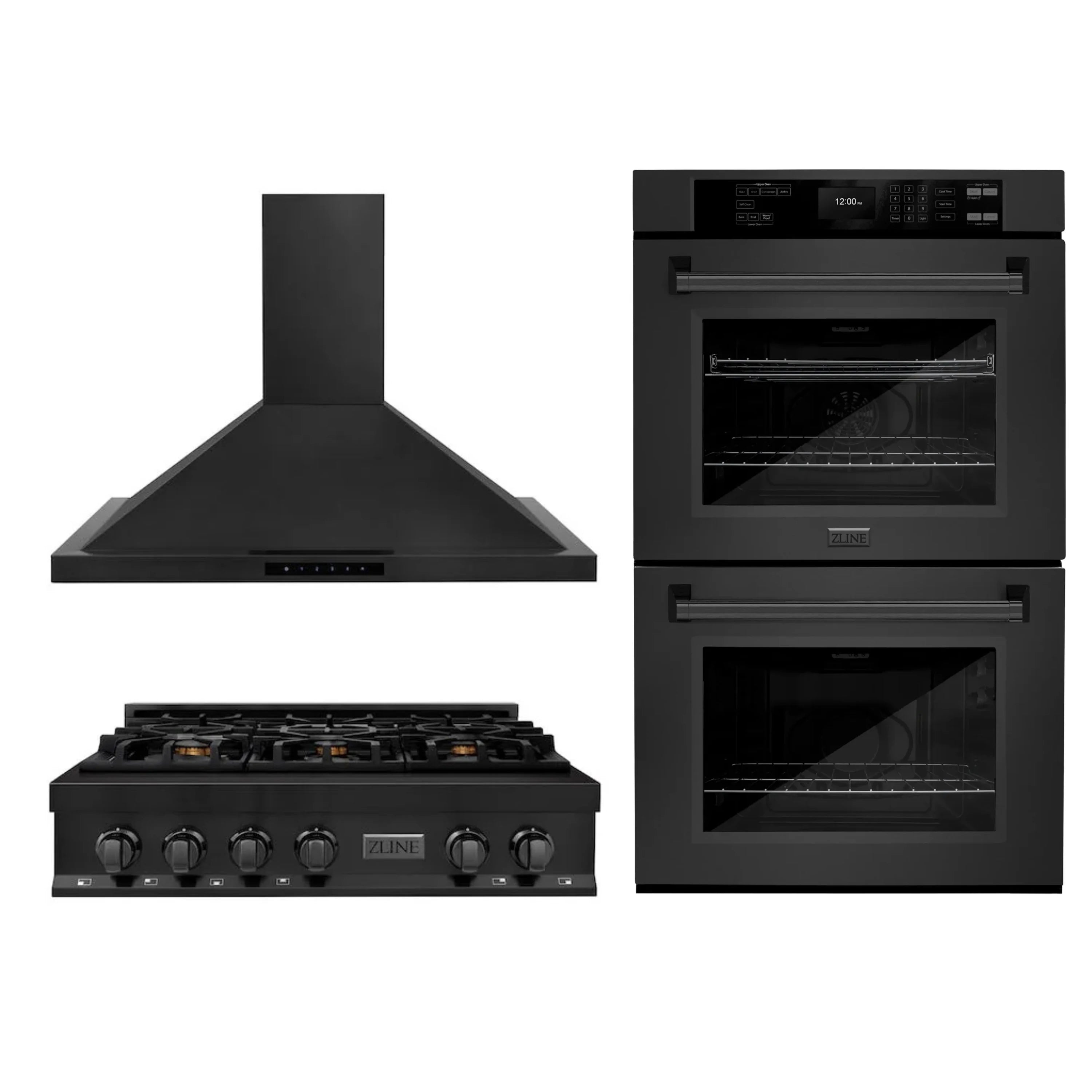 Black stainless steel appliance set: range hood, gas rangetop, and two ovens