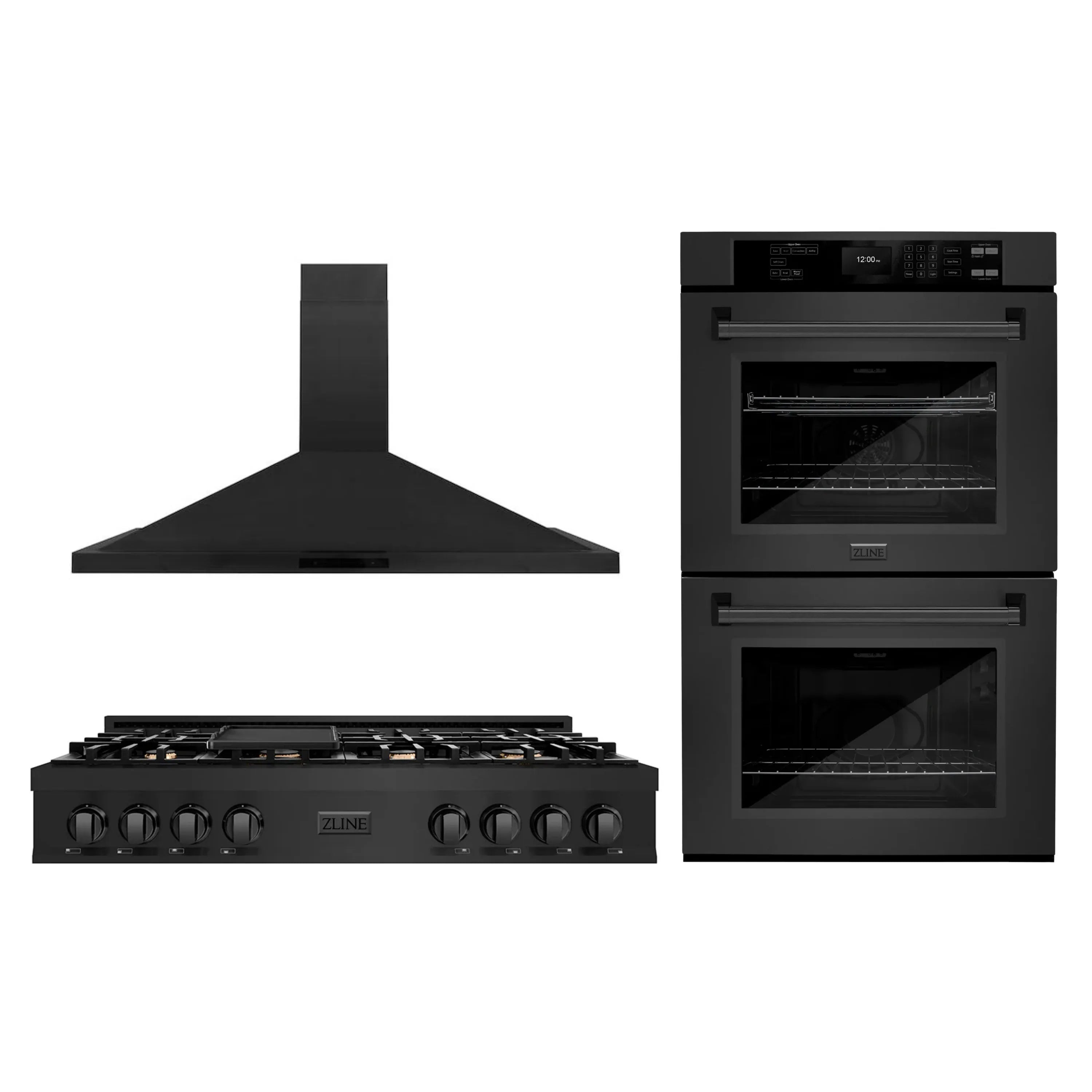Black stainless appliance package: range hood, gas rangetop, and double wall ovens