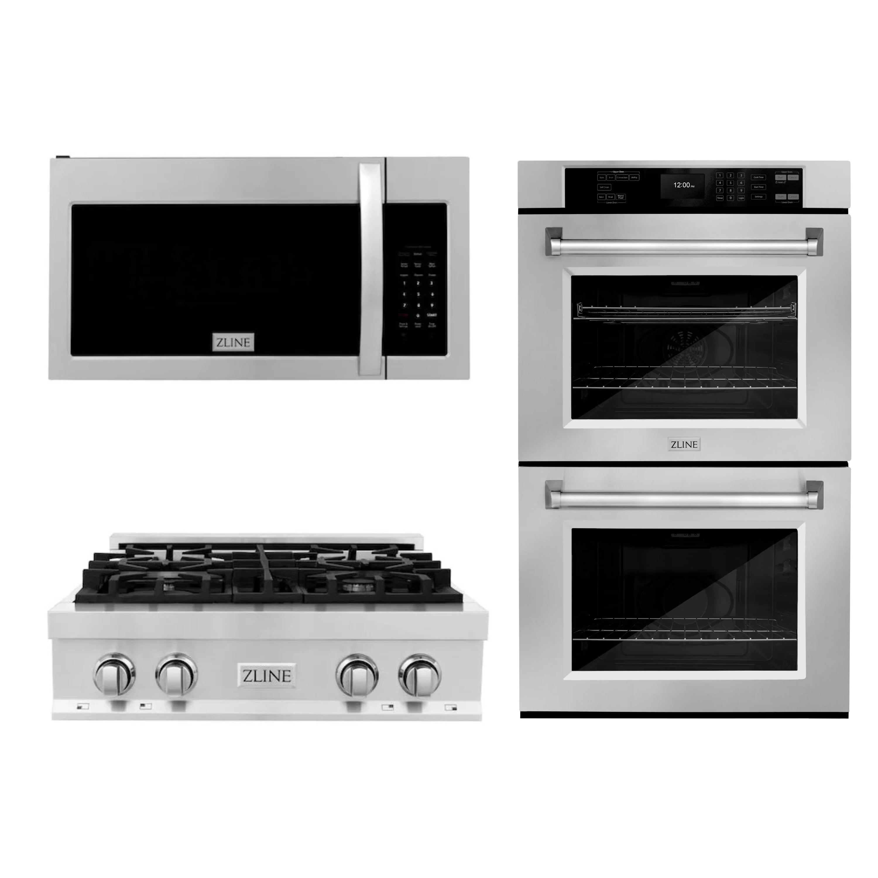 Stainless kitchen appliance package with gas cooktop, microwave, and double ovens