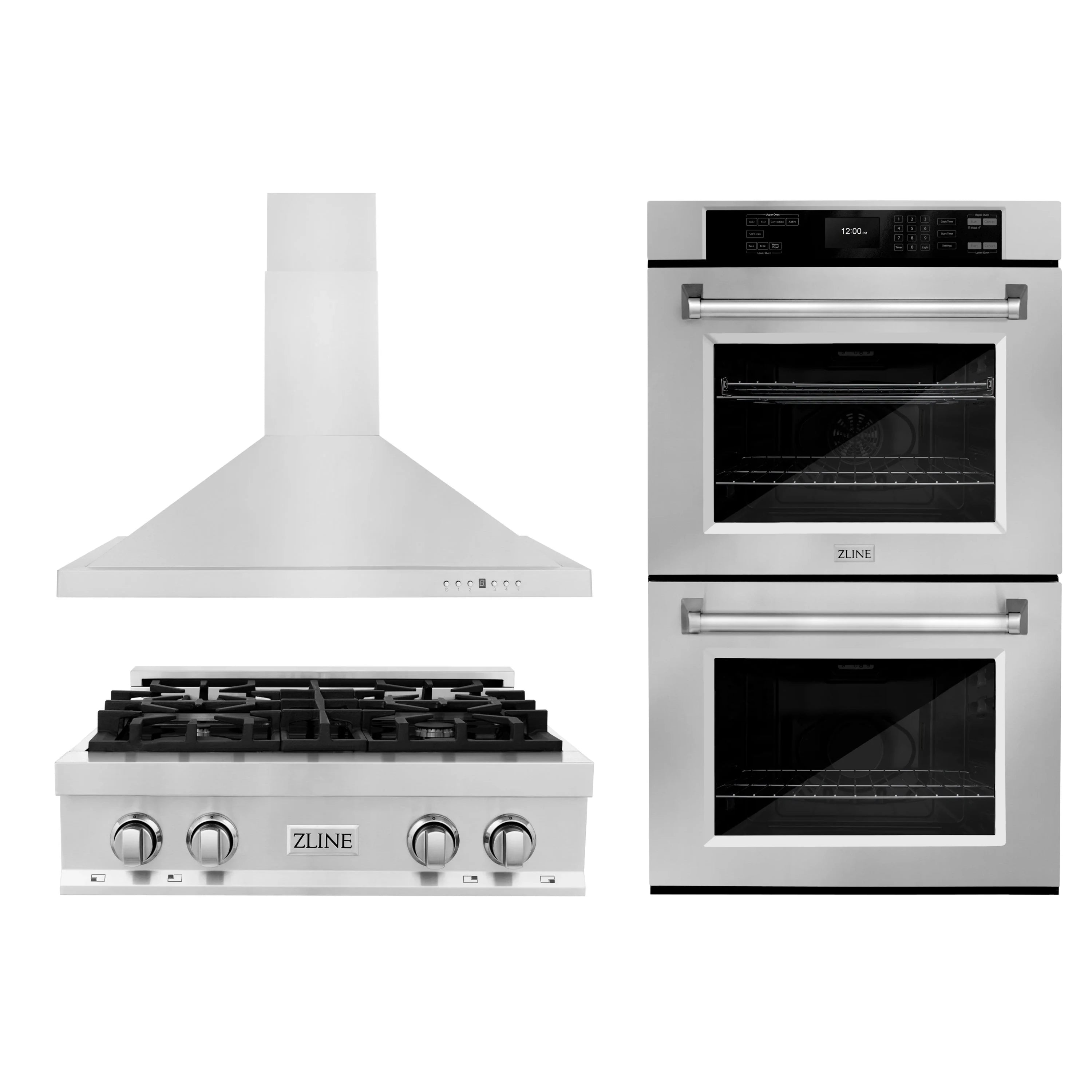 Stainless kitchen appliance set: range cooktop, wall hood, and double wall oven