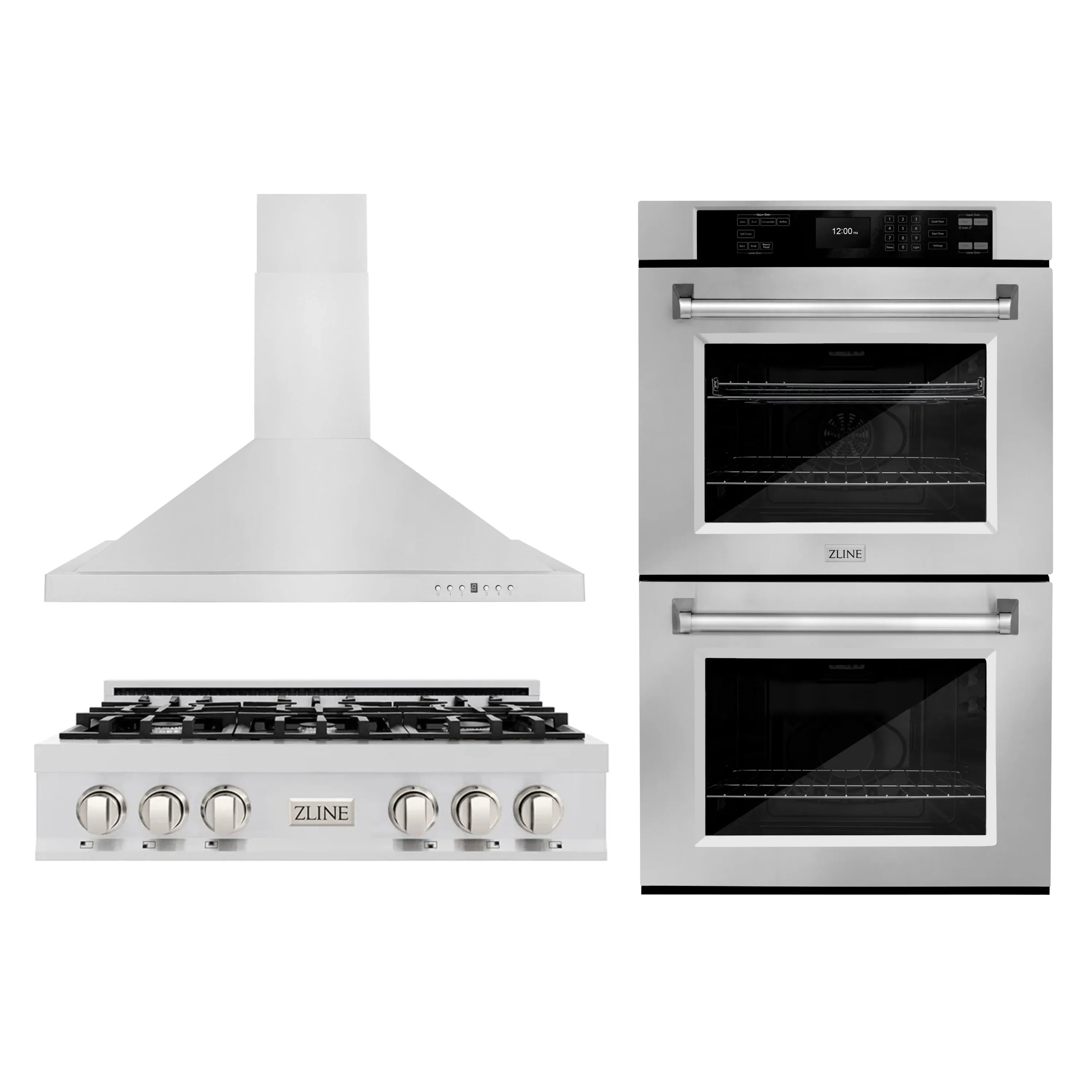 Stainless steel appliance set with wall range hood, gas rangetop, and double oven
