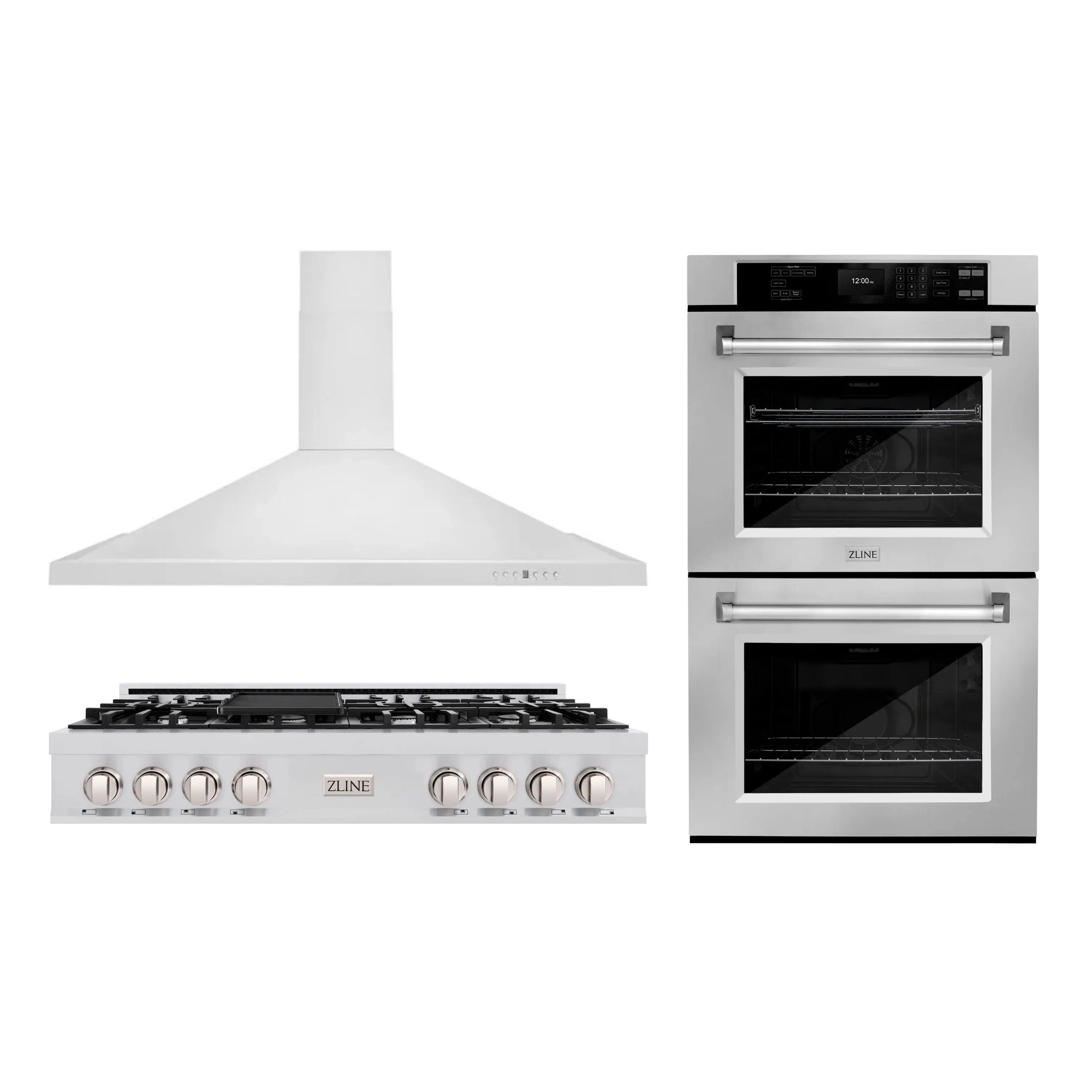 Stainless steel range hood, gas cooktop, and double wall oven set