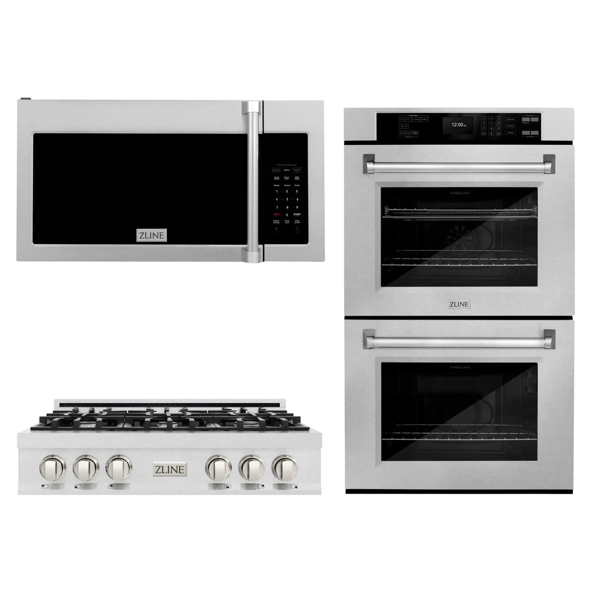 ZLINE 3-Piece Appliance Package - 30-Inch Rangetop, Over-the-Range Microwave Oven, and Double Wall Oven in Satin Stainless Steel (3KP-RTSOTR30-AWD)