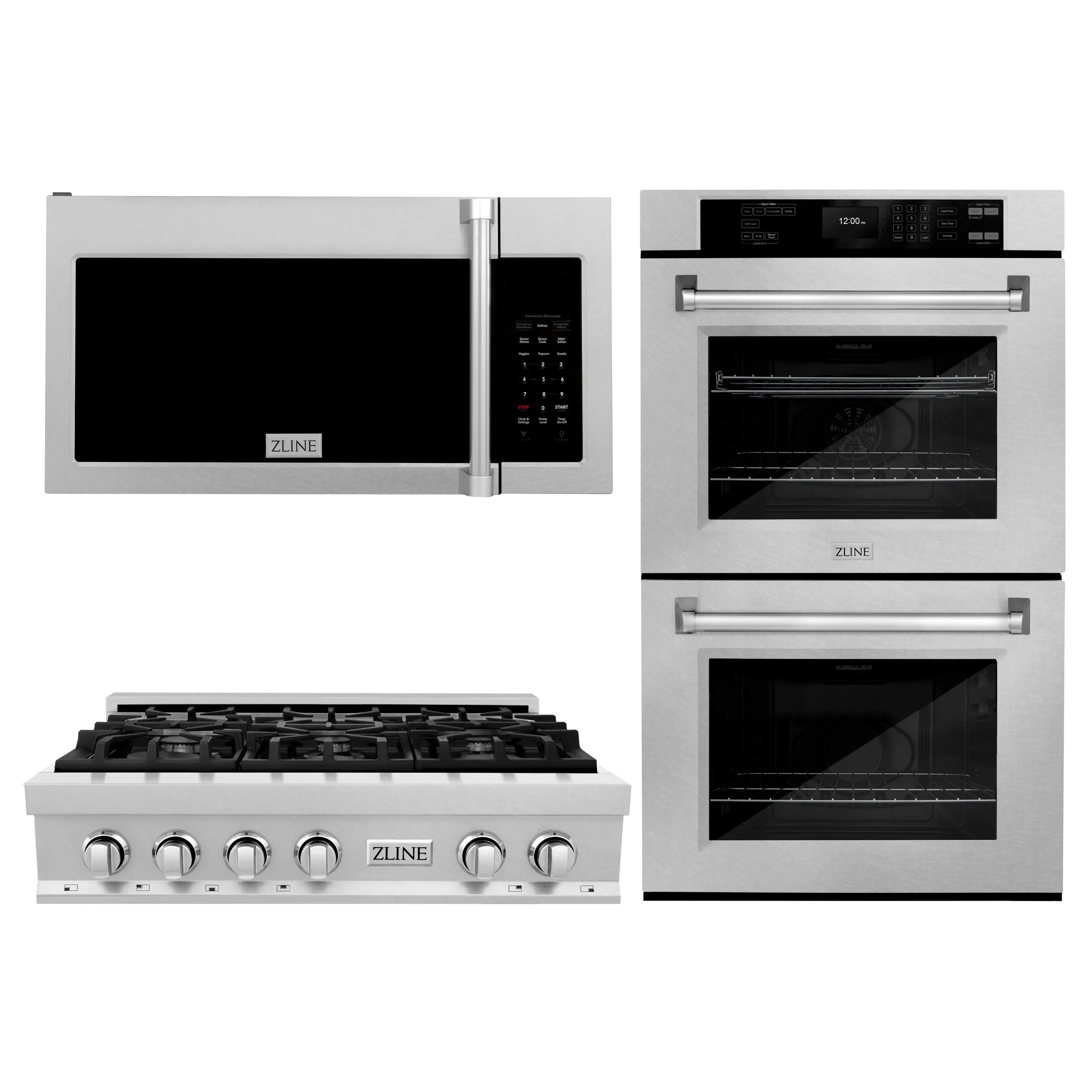 Stainless steel appliance package with over-the-range microwave and double wall ovens